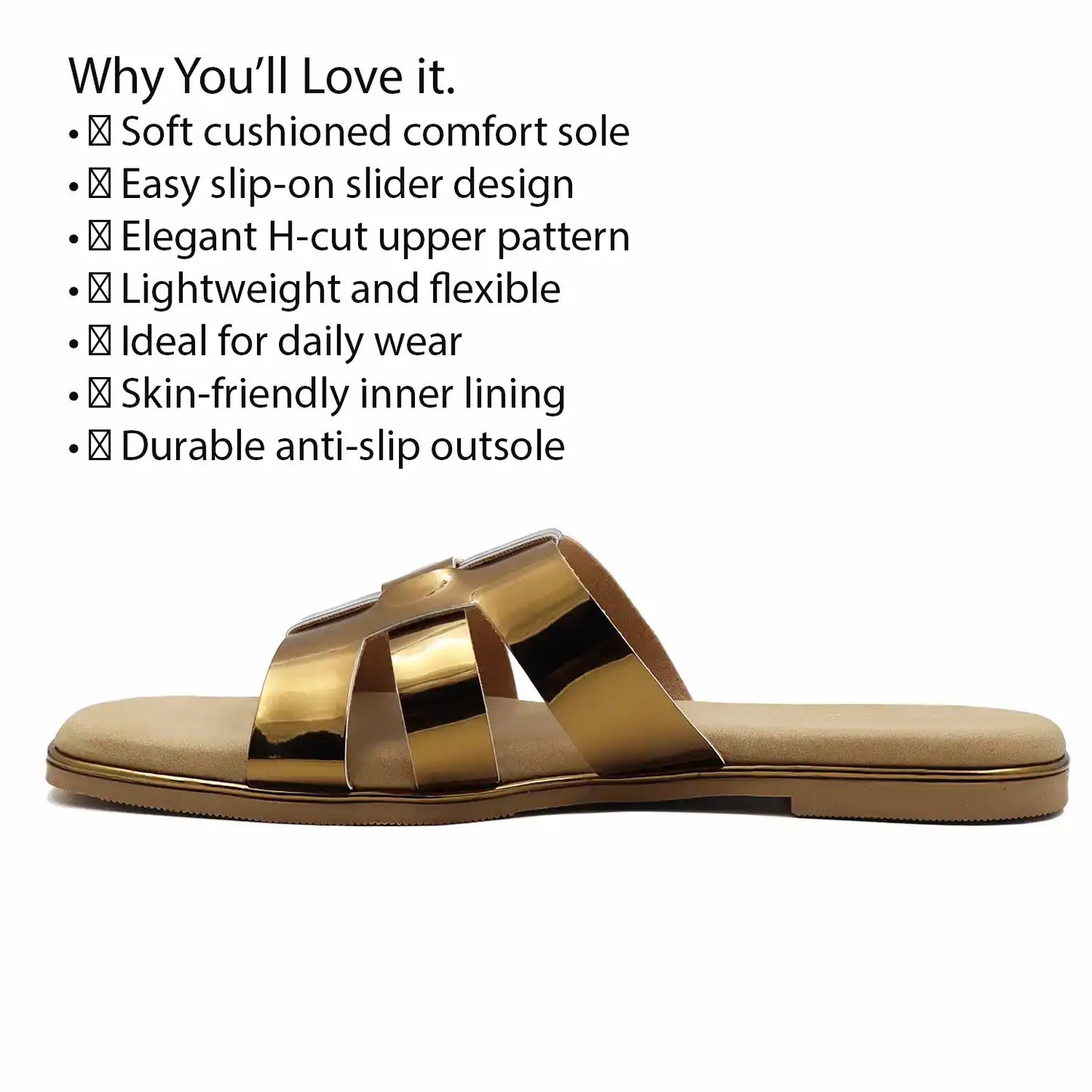 Women's antique sandal with features listed on a white background