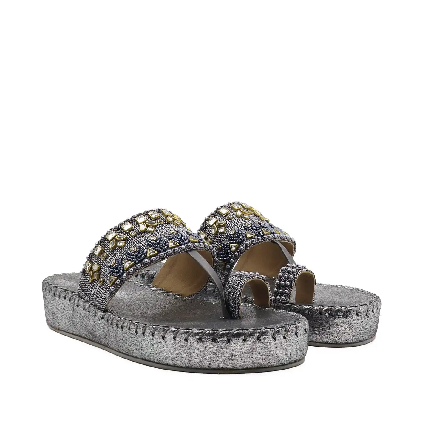 Oyoqchi women's grey ethnic wear platform sandals, angled pair view