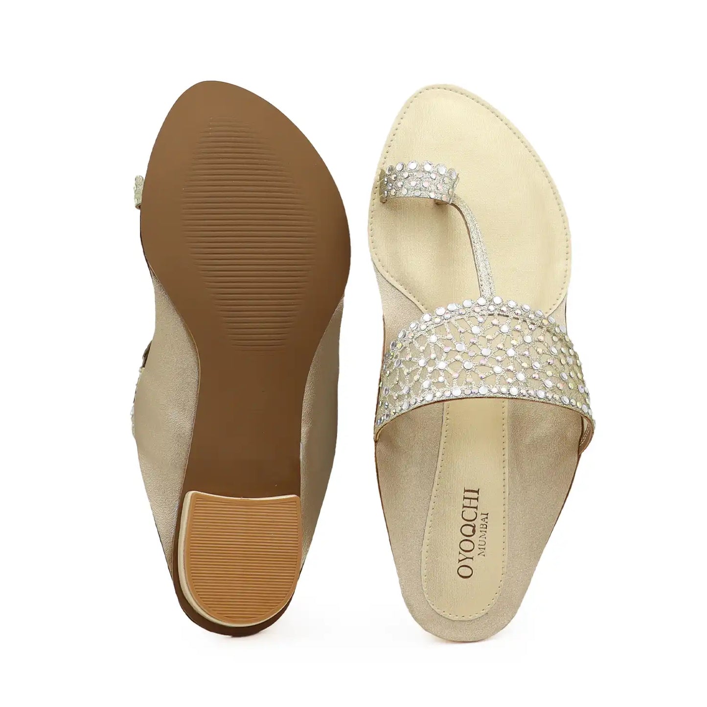 Gold embellished kolhapuri flats top and sole view