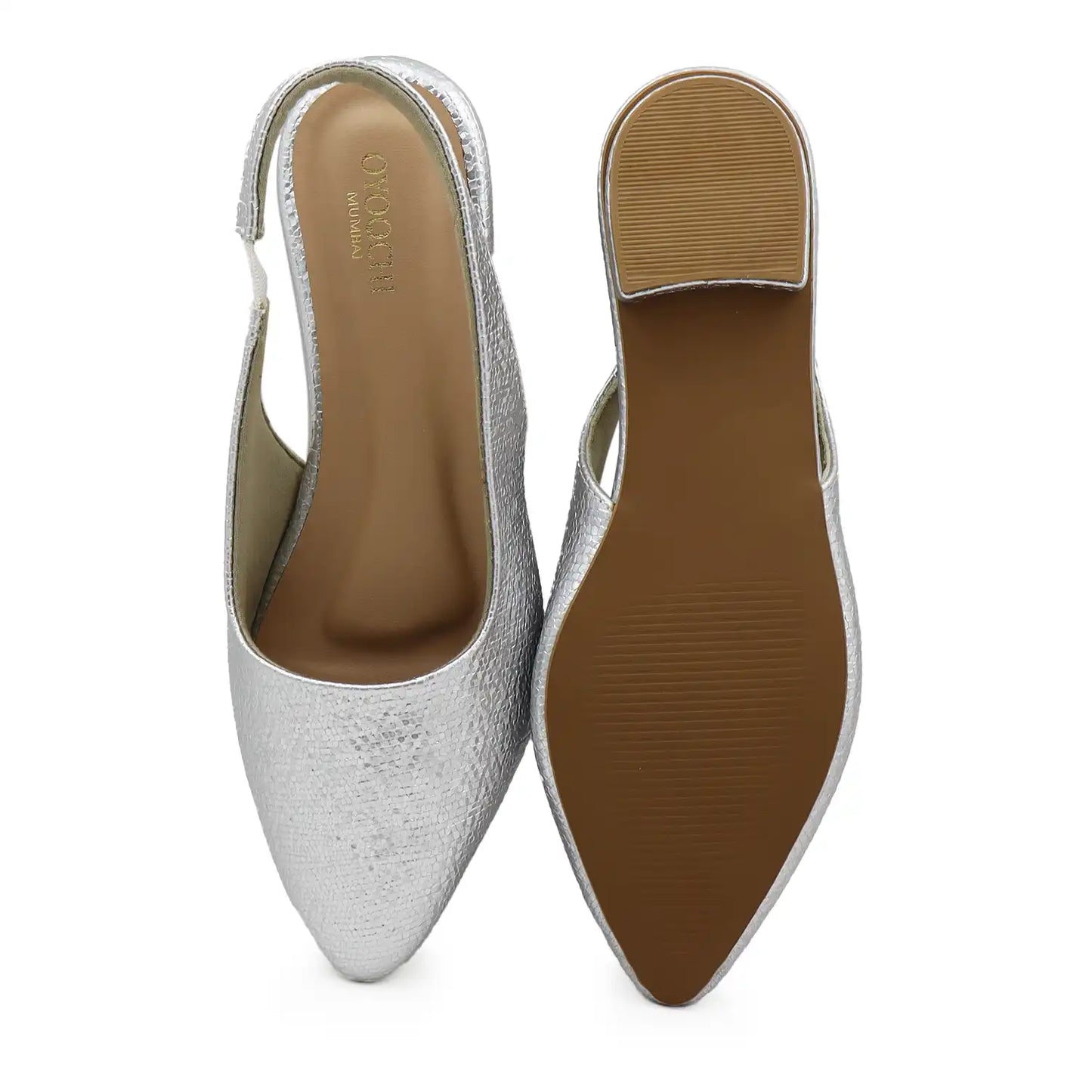 silver slingback flat pointed toe textured women footwear top and sole view