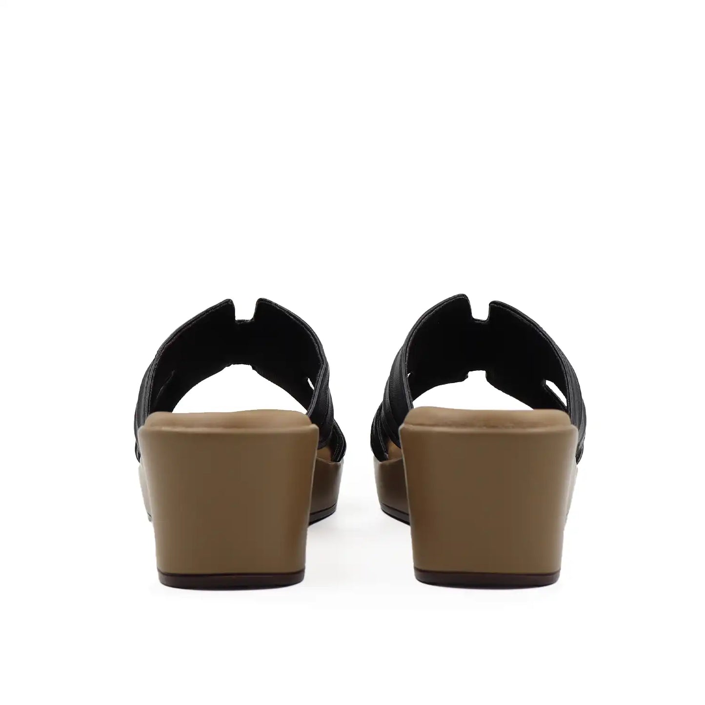 Heel view of black metallic platform wedge heel