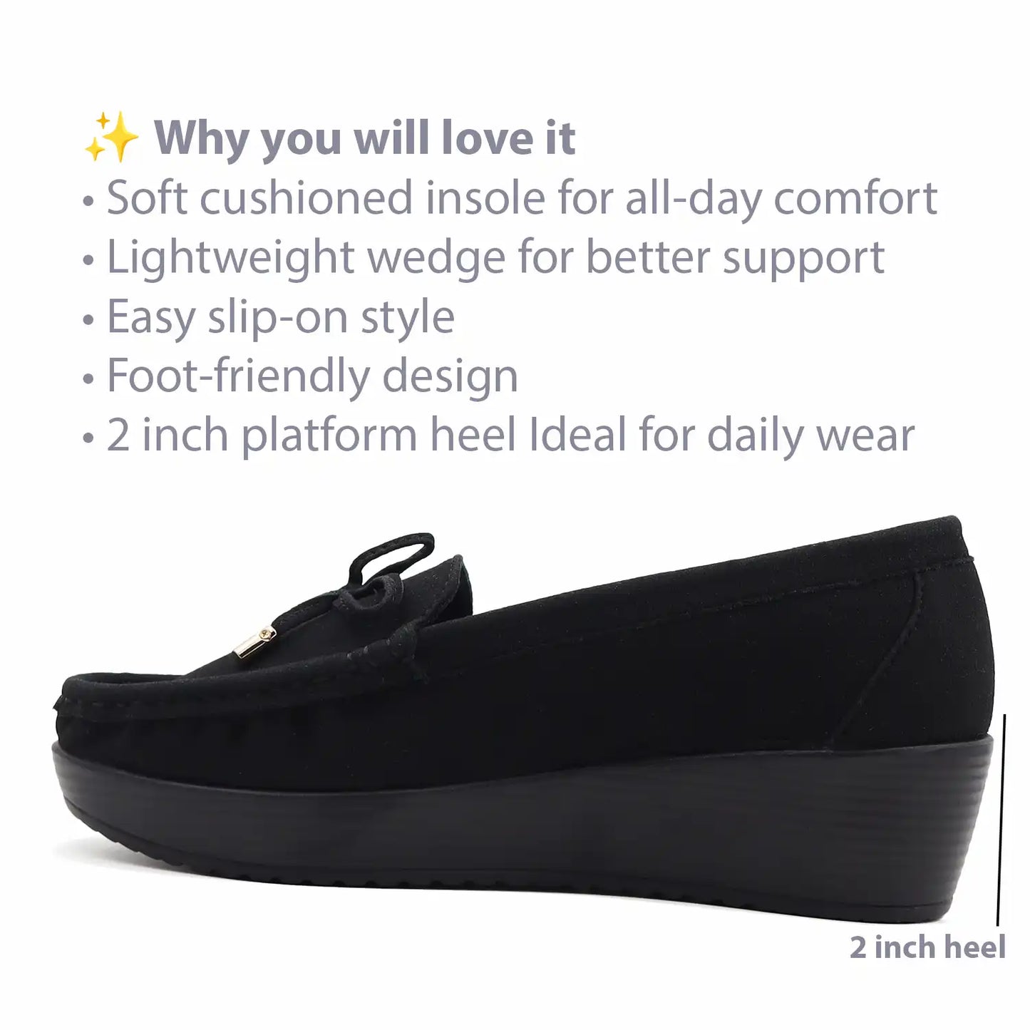 Women's black wedge heel loafers, product detail view