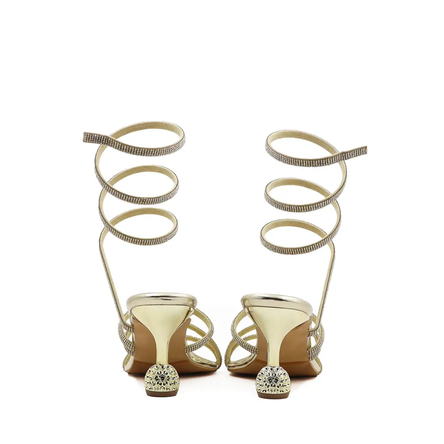 Women's party wear gold strappy heels with ankle strap, back and heels view