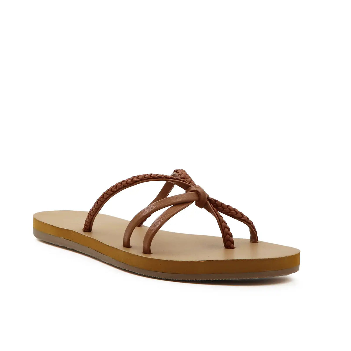 Oyoqchi  women's rown sandal with braided design on a white background