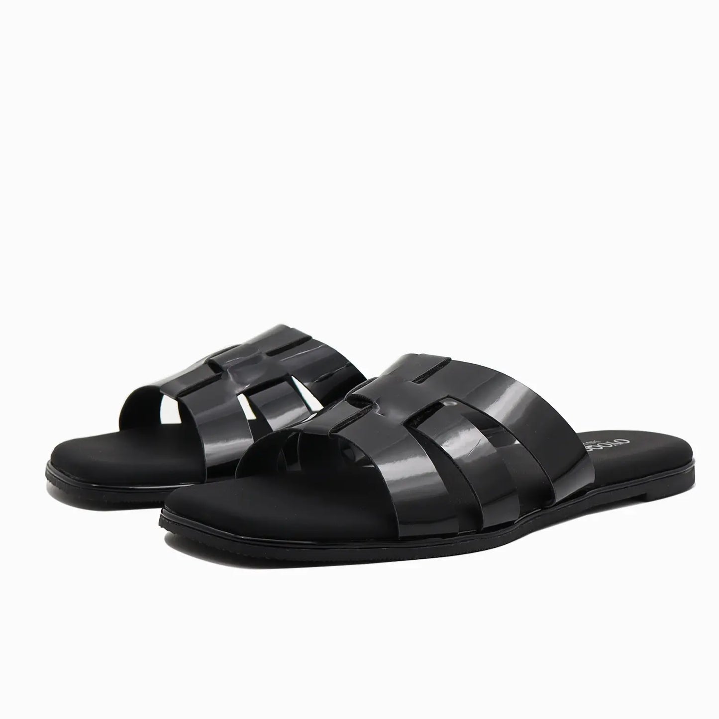 Black flat sandals with multiple glossy straps 