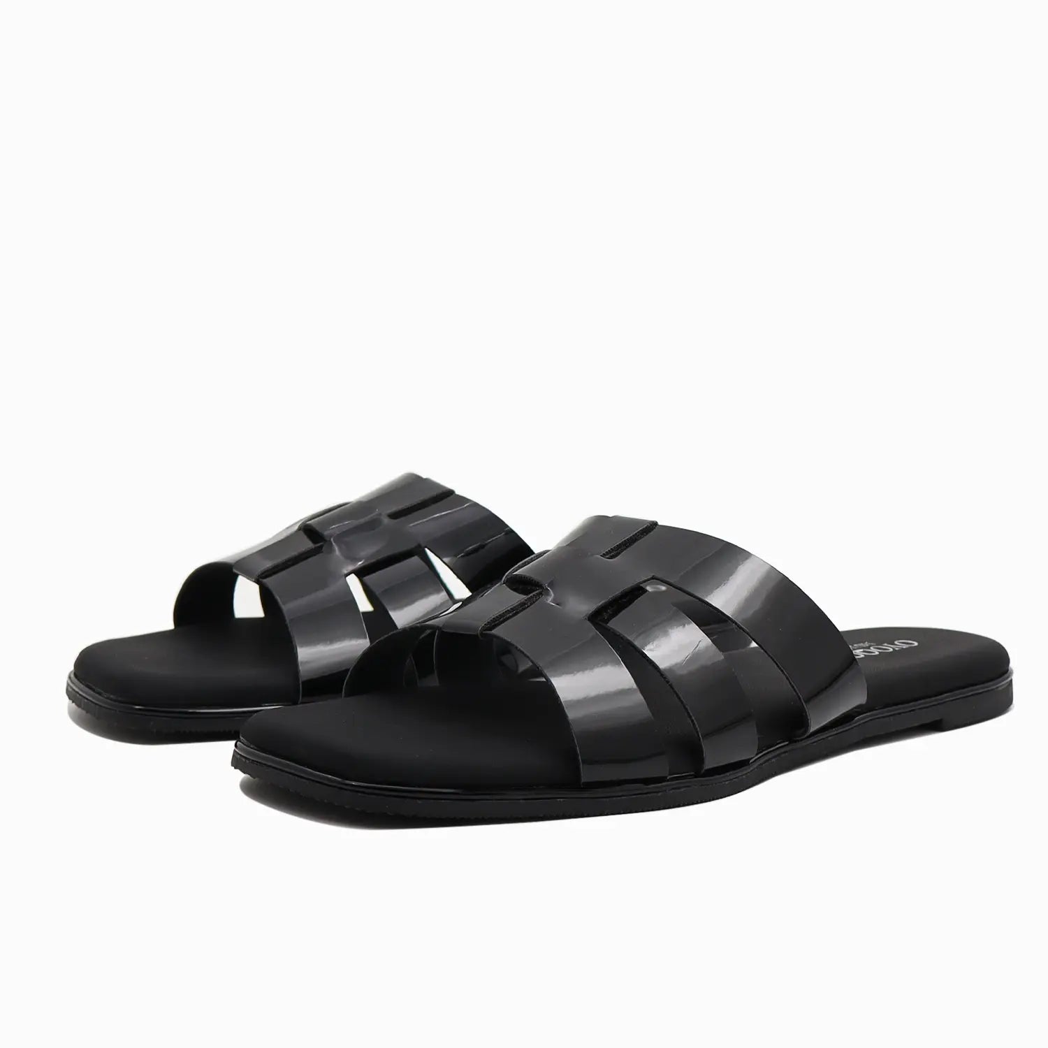 Black flat sandals with multiple glossy straps 
