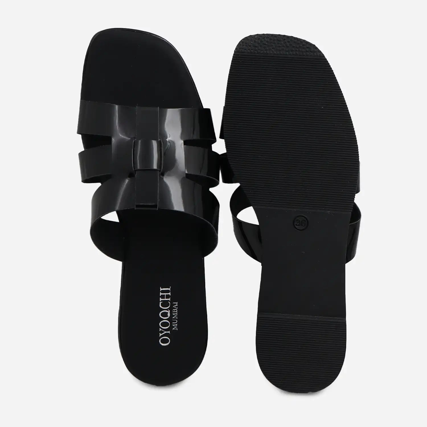 Women's black flat sandals top and sole view.