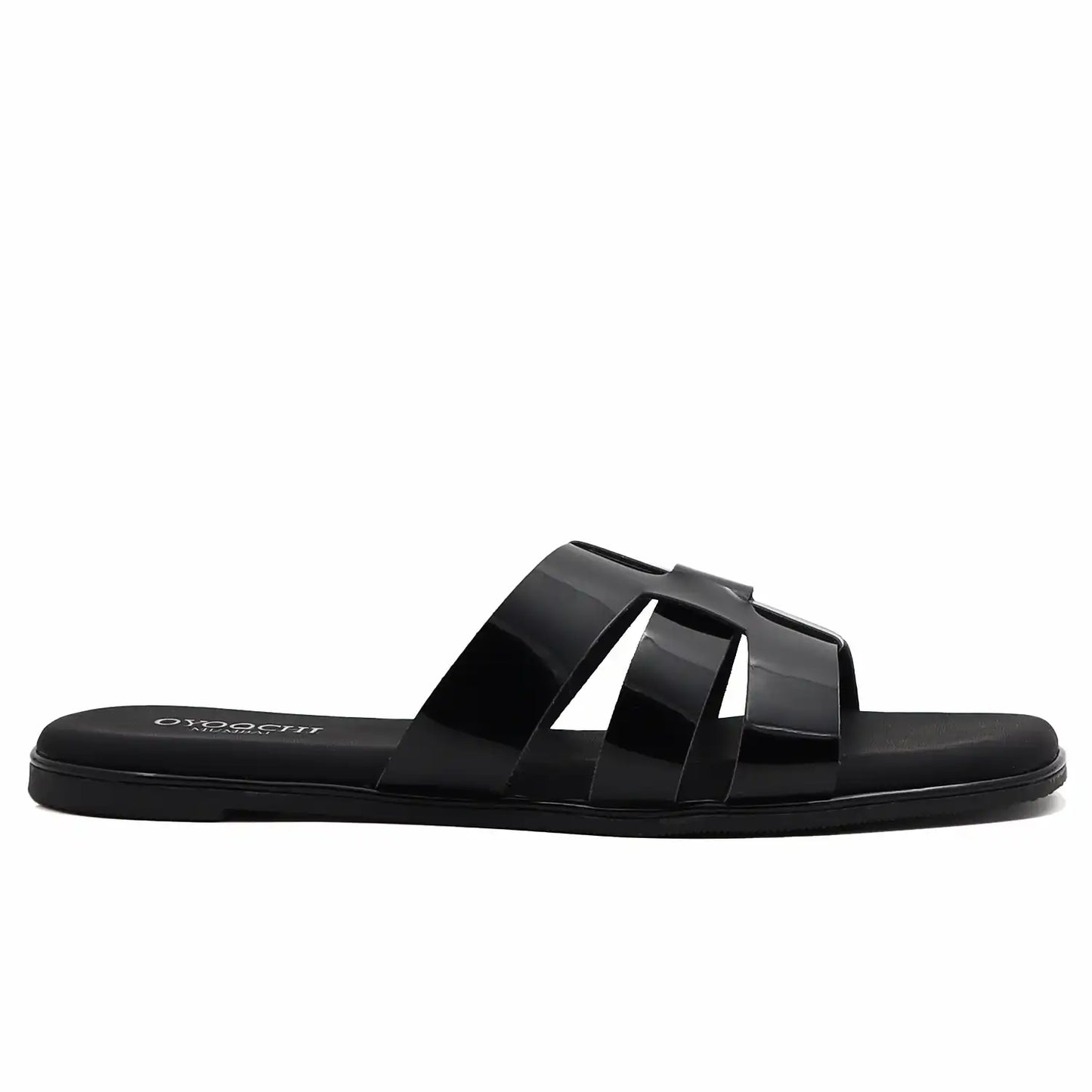 Black slide sandal with oyoqchi logo side profile view
