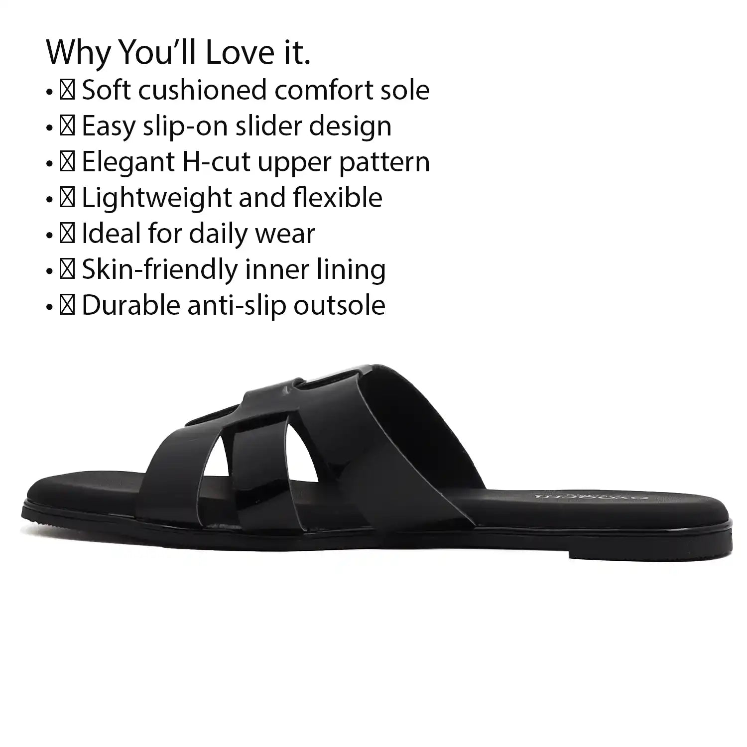 Black flat sandals with features listed on a white background