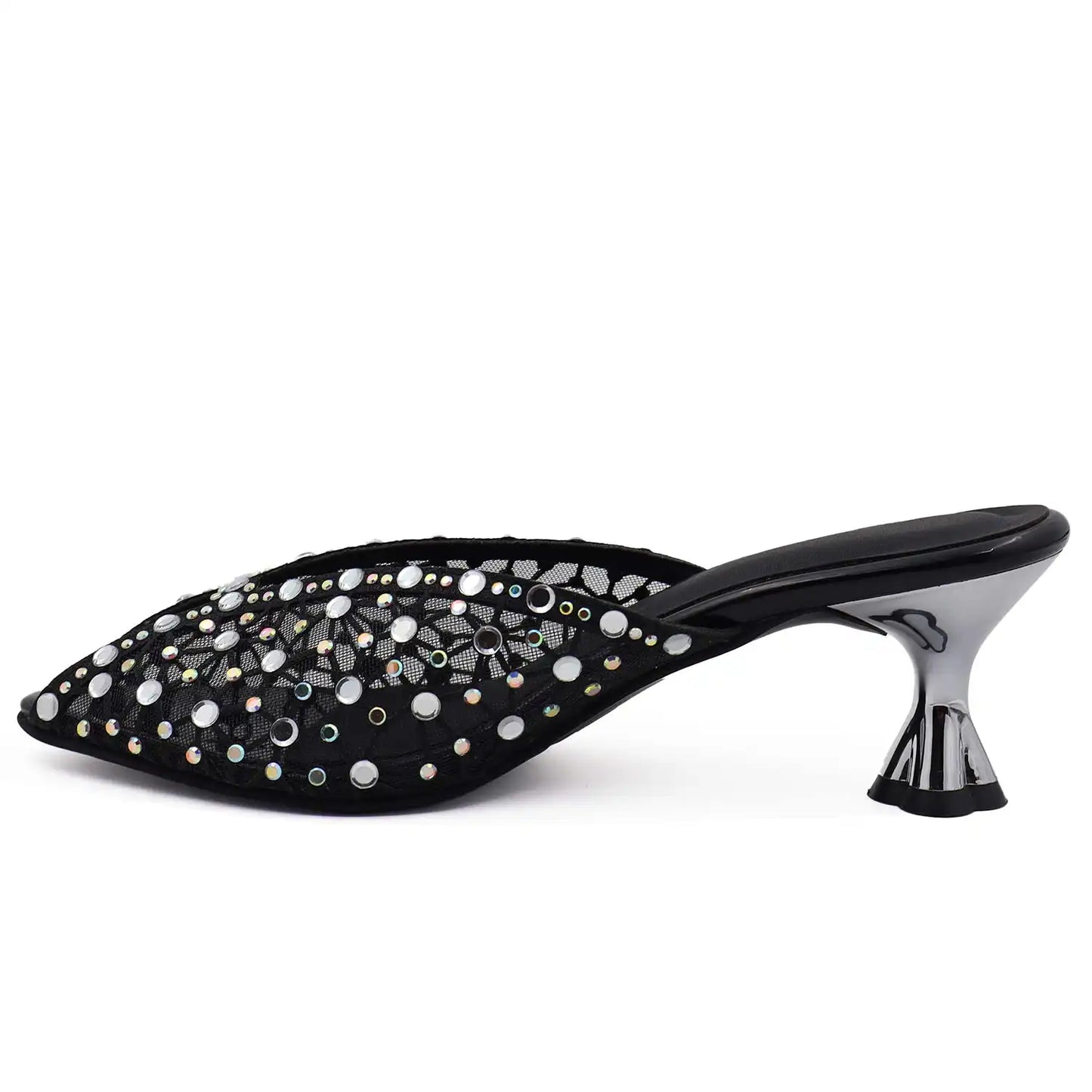 Side view of black kitten heel mule with rhinestone mesh