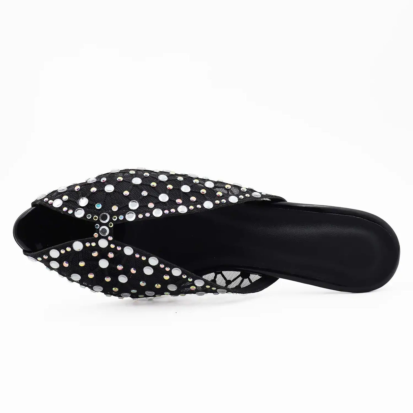Top view of black crystal embellished mule sandal