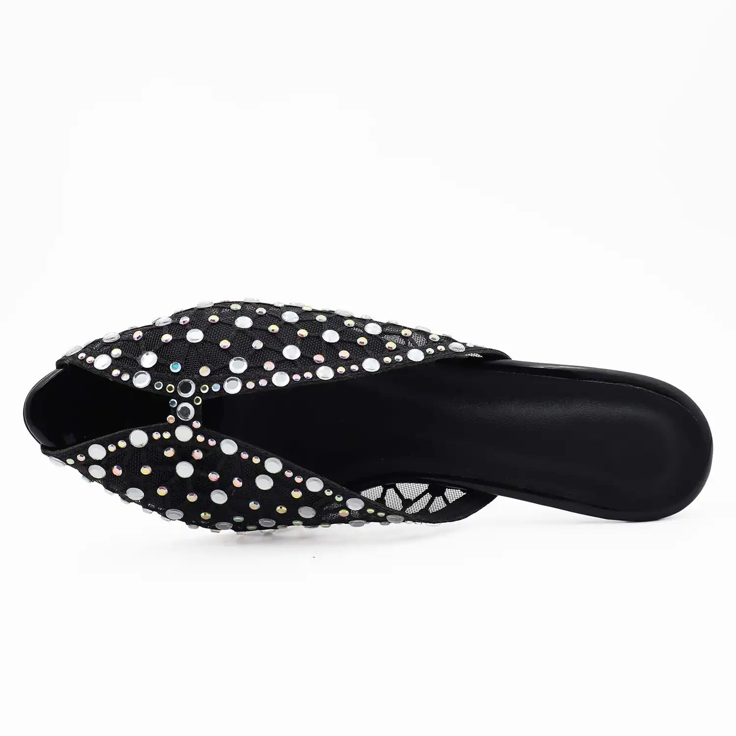 Top view of black crystal embellished mule sandal