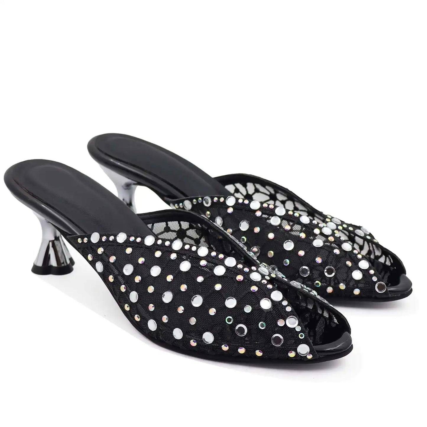 Black pointed toe rhinestone mule heels for women