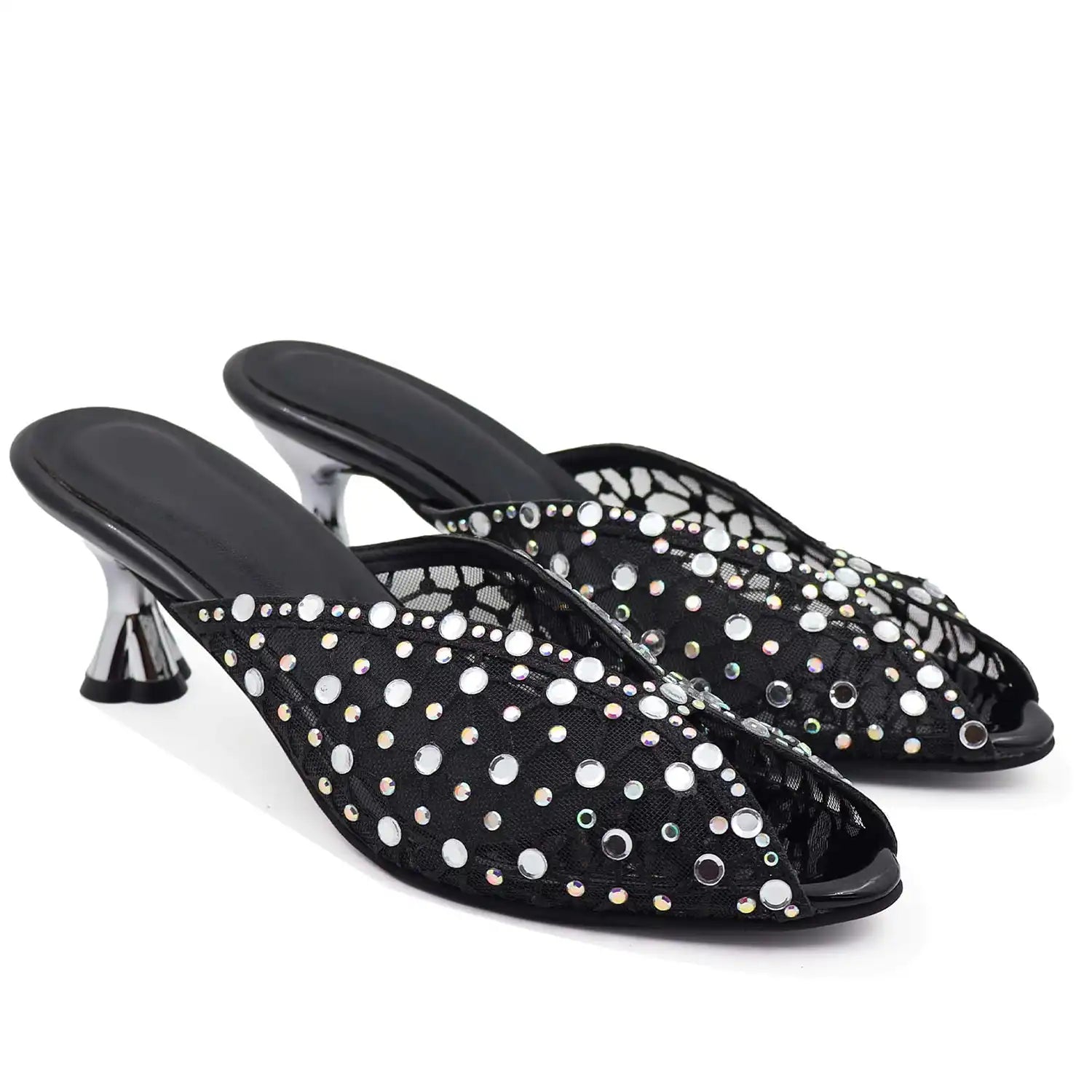 Black pointed toe rhinestone mule heels for women
