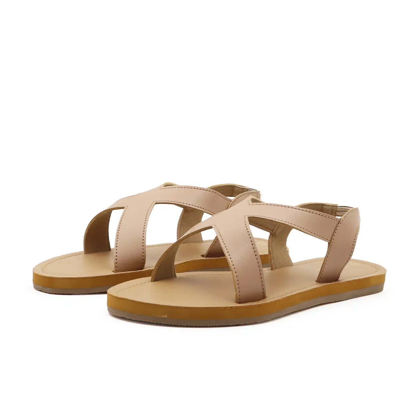 A pair of women's minimalist flat sandals with crisscrossing straps and a tan sole, pair view