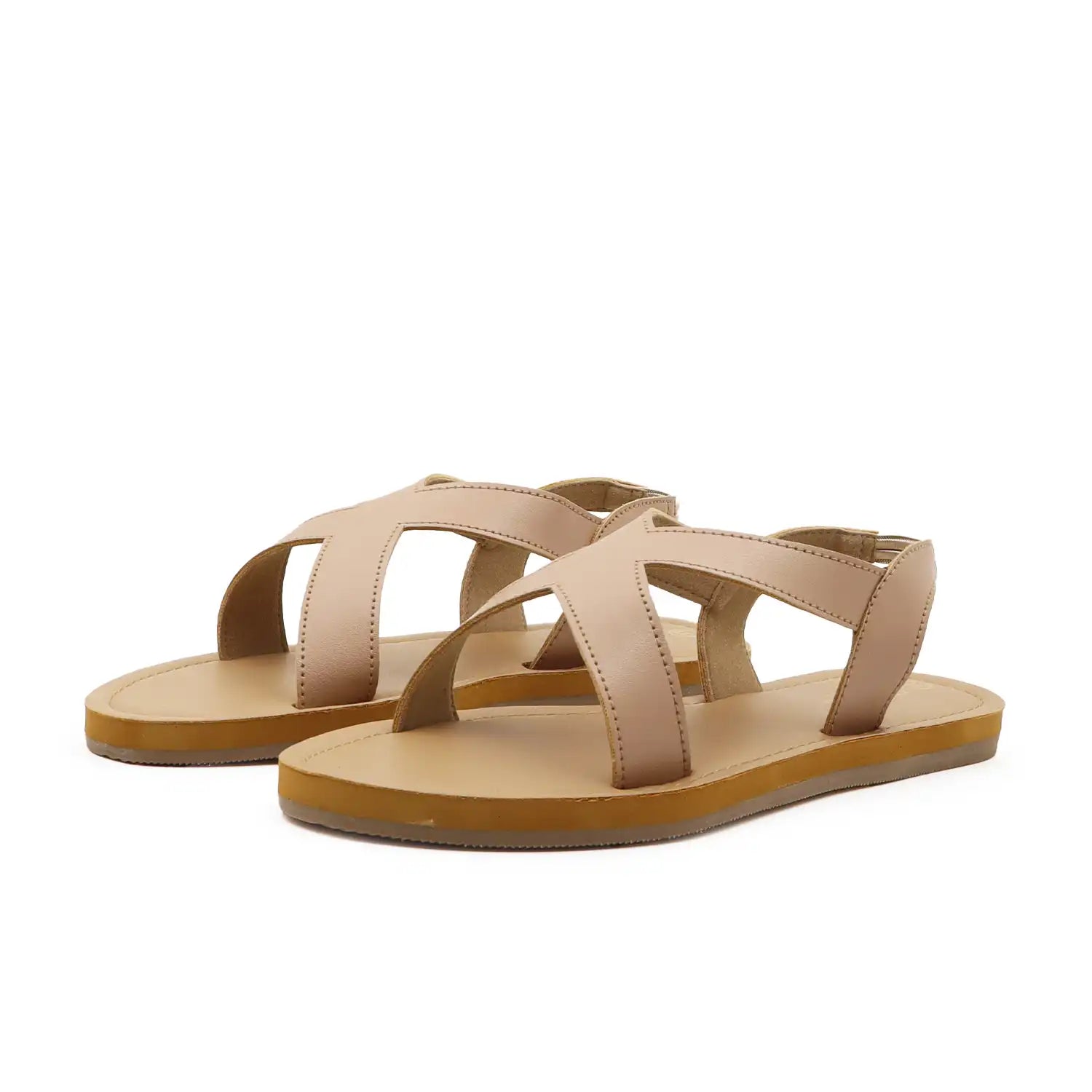 A pair of women's minimalist flat sandals with crisscrossing straps and a tan sole, pair view