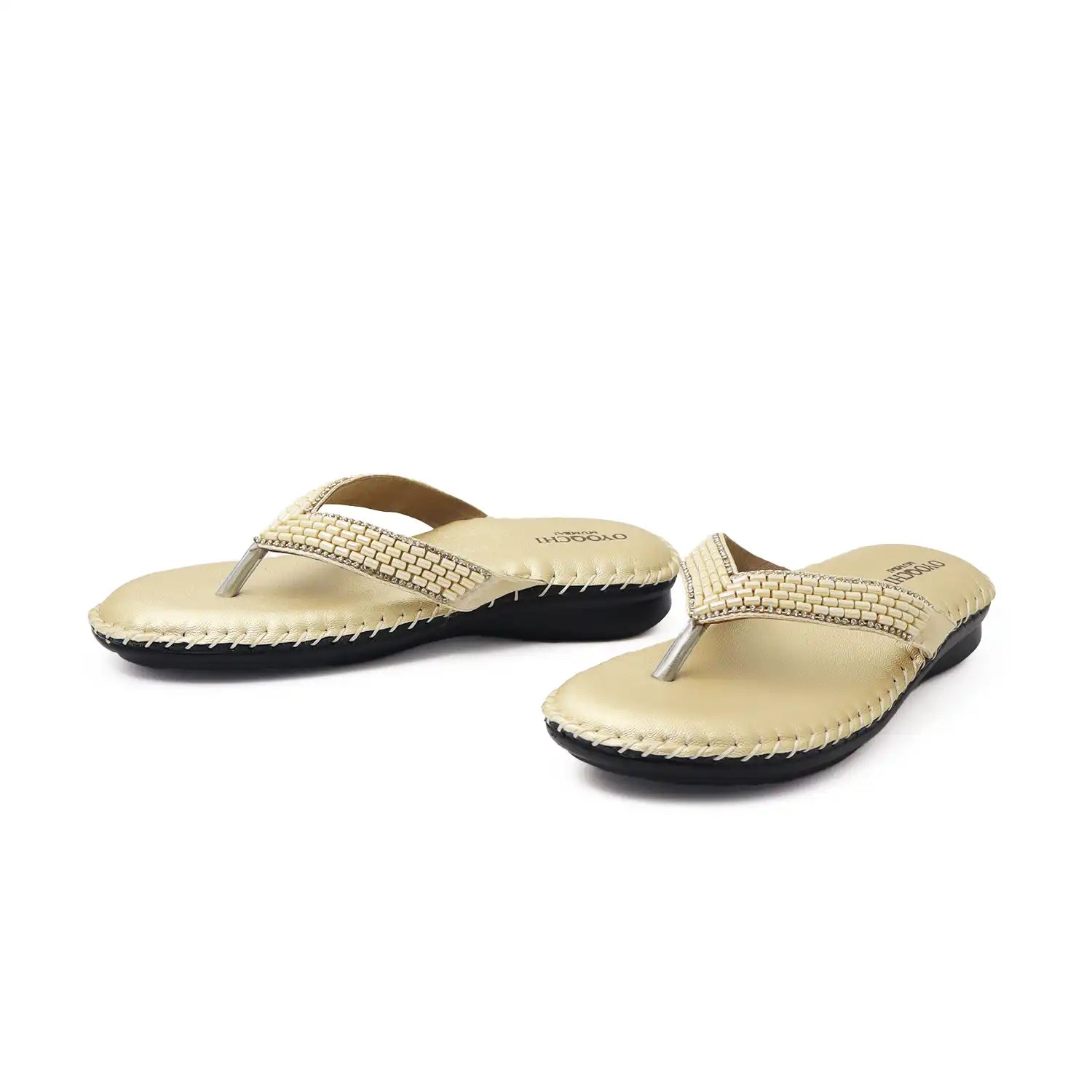 Oyoqchi Comfort One women's comfortable gold flats with soft cushioned footbed and lightweight anti-slip sole, pair view