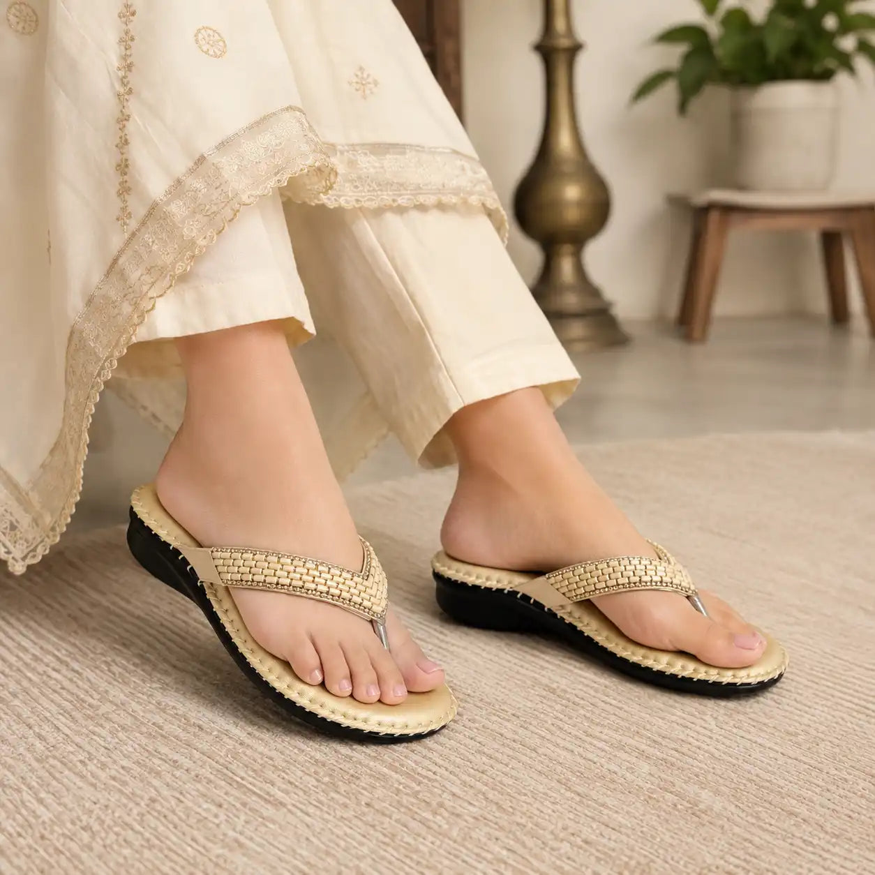 Oyoqchi Comfort One women's comfortable gold flats with soft cushioned footbed and lightweight anti-slip sole, life style view