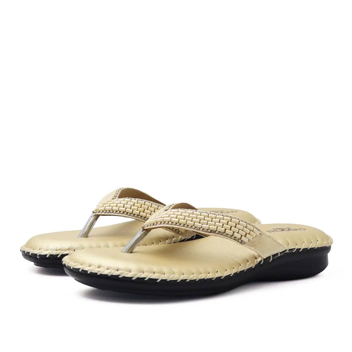 Oyoqchi Comfort One women's comfortable gold flats with soft cushioned footbed and lightweight anti-slip sole, angled view