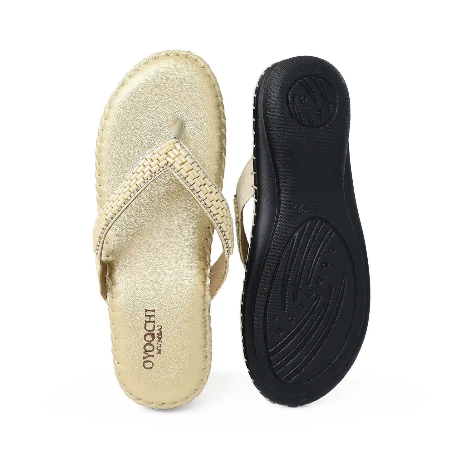 Oyoqchi Comfort One women's comfortable gold flats with soft cushioned footbed and lightweight anti-slip sole, sole and top view