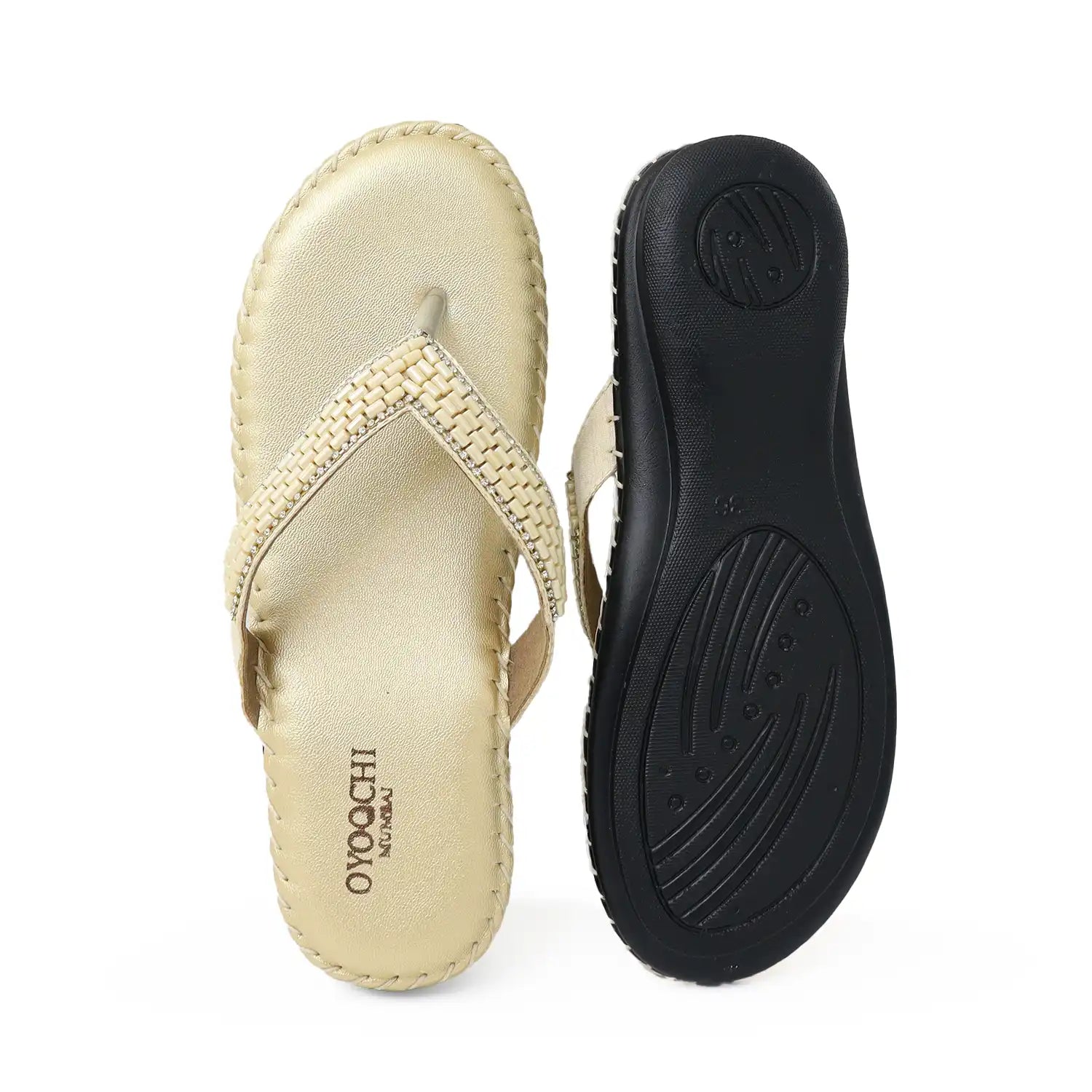 Oyoqchi Comfort One women's comfortable gold flats with soft cushioned footbed and lightweight anti-slip sole, sole and top view