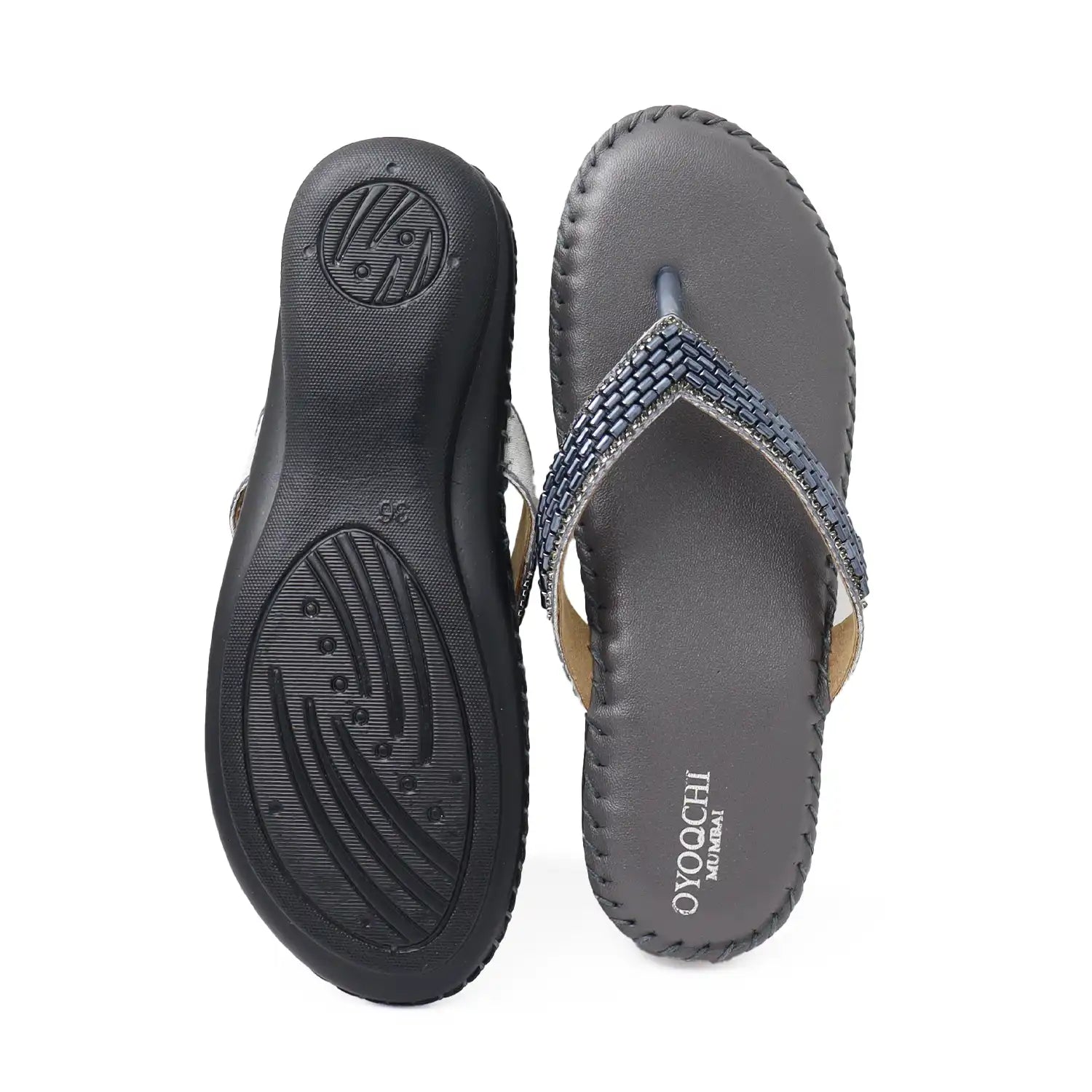 Oyoqchi Comfort One women's comfortable Gray flats with soft cushioned footbed and lightweight anti-slip sole, top and sole view