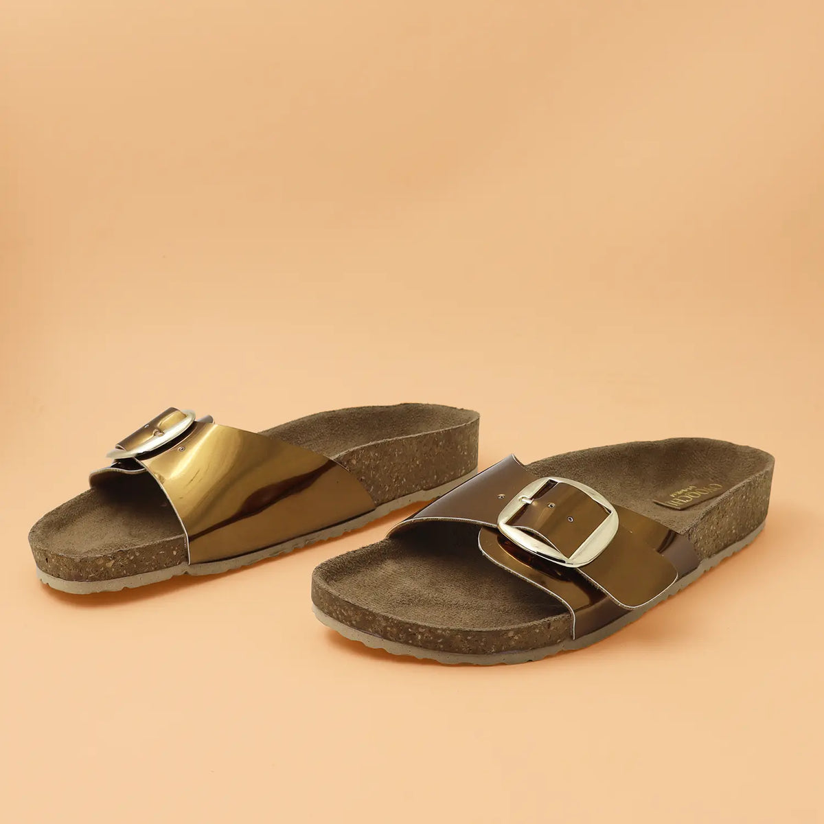Élan women’s premium metallic buckle sandals in Copper and Grey by OYOQCHI