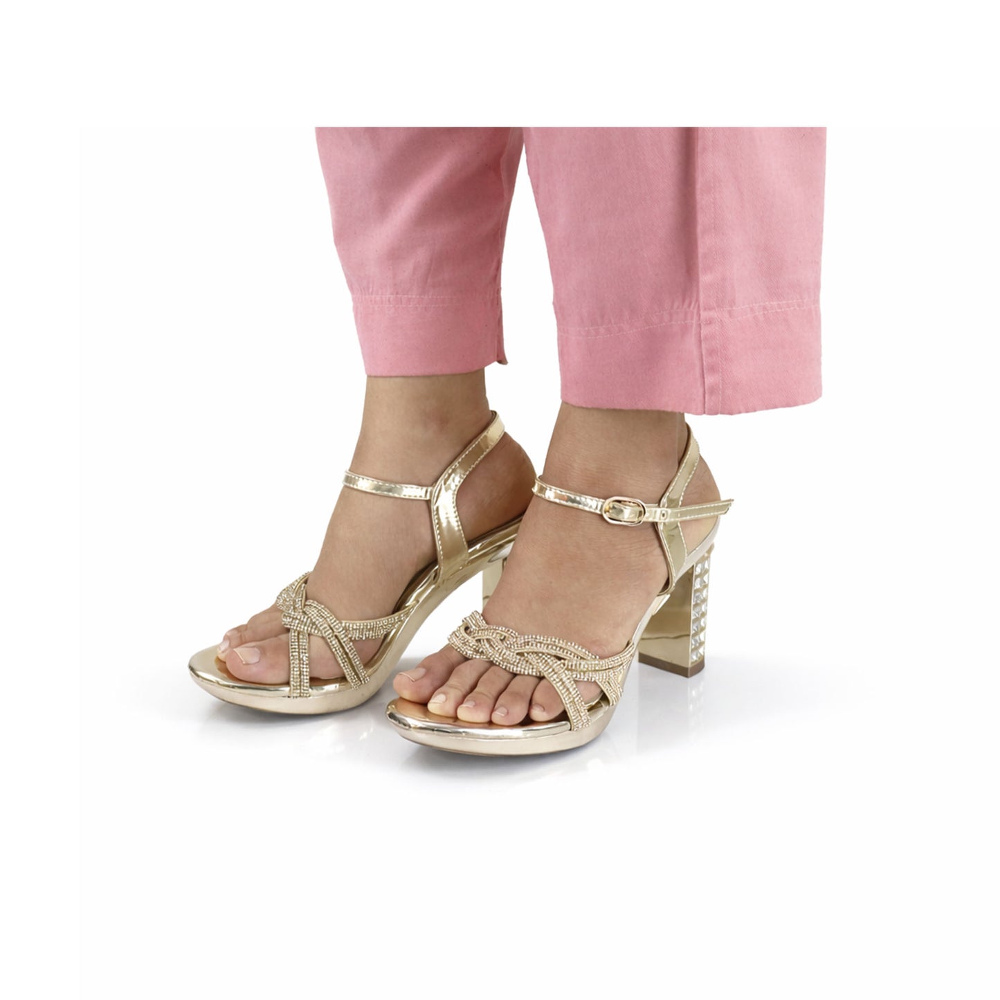 Gold ankle strap block heel sandals