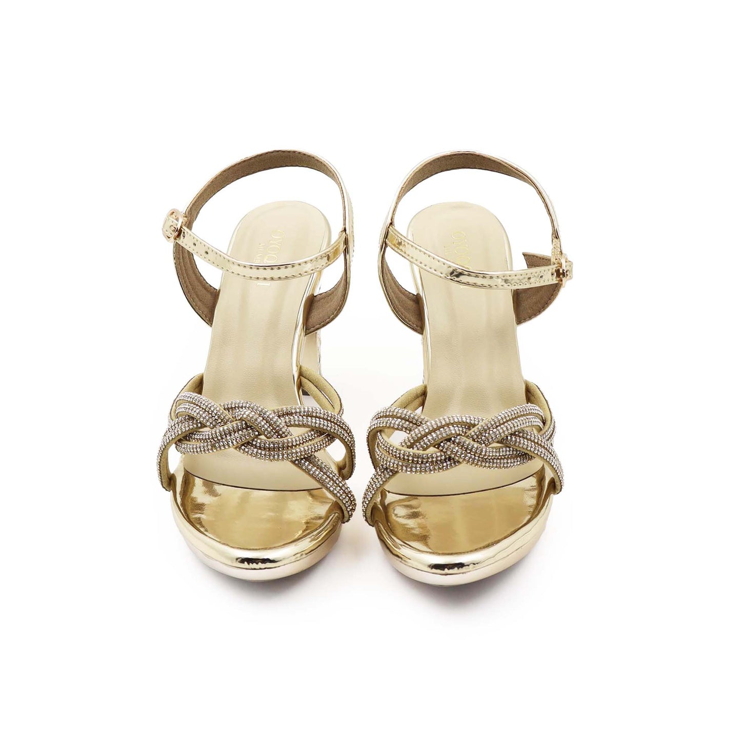 Gold 10 cm block heel sandals profile view