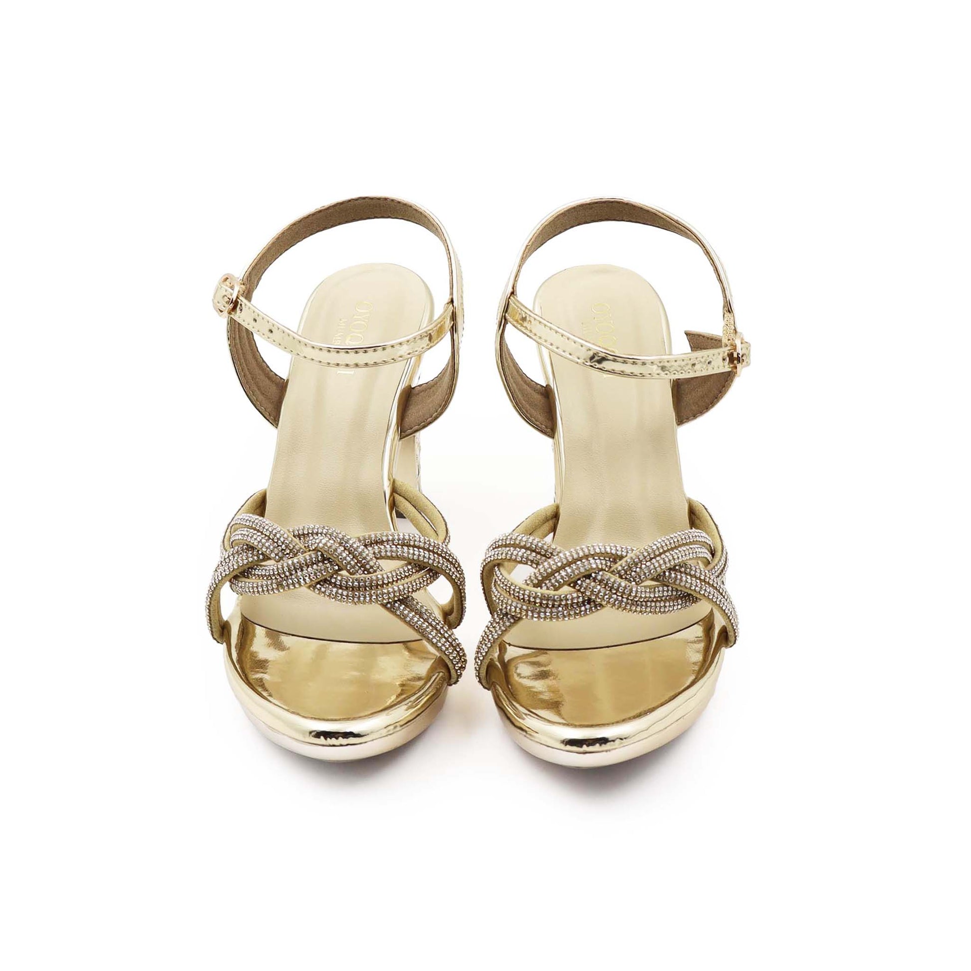 Gold 10 cm block heel sandals profile view