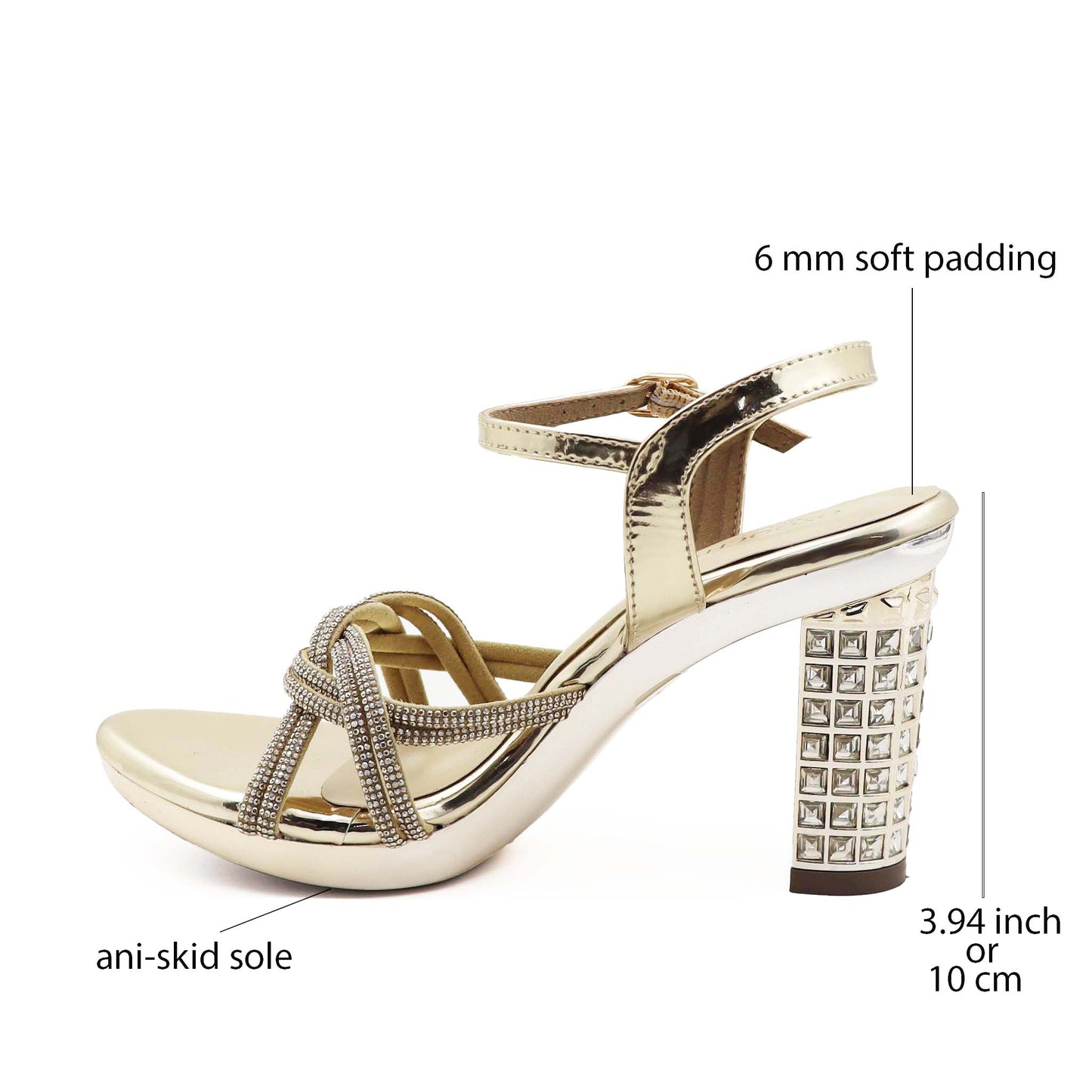 Gold party wear block heels detail view