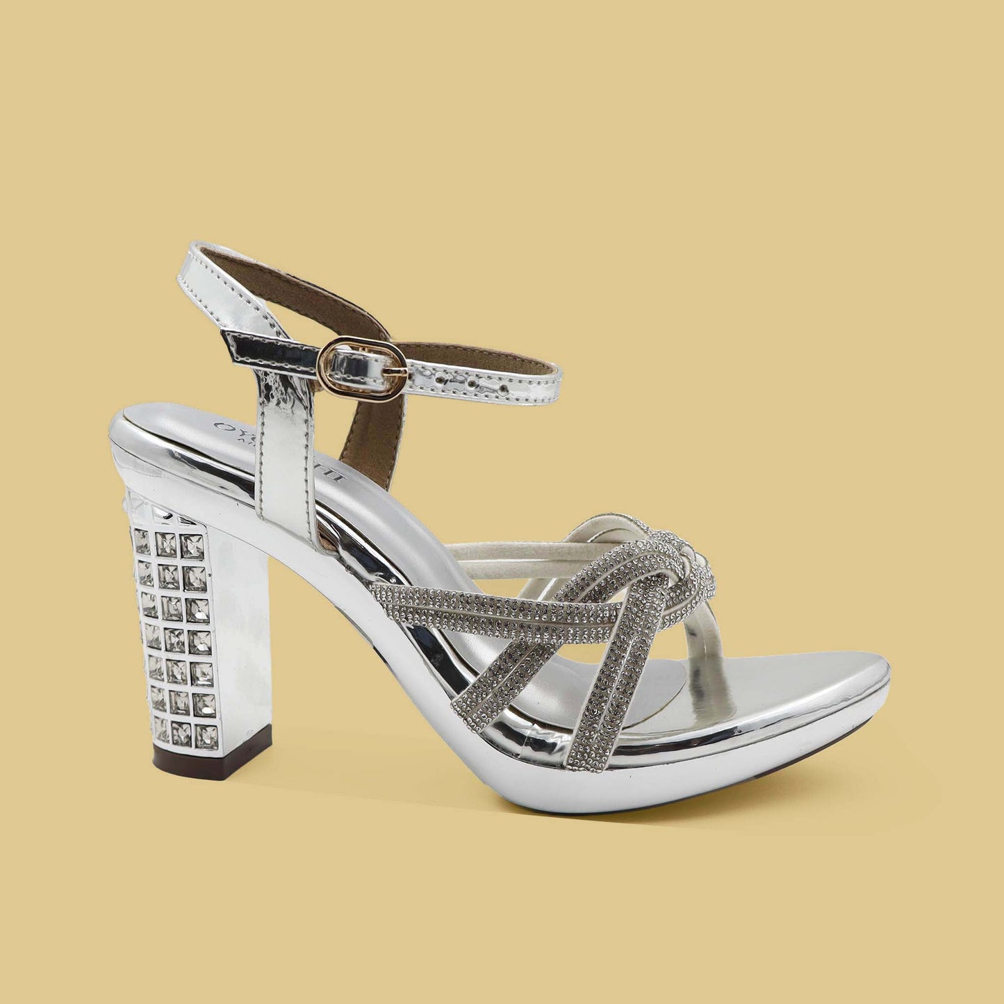 Silver rhinestone strap block heels side view