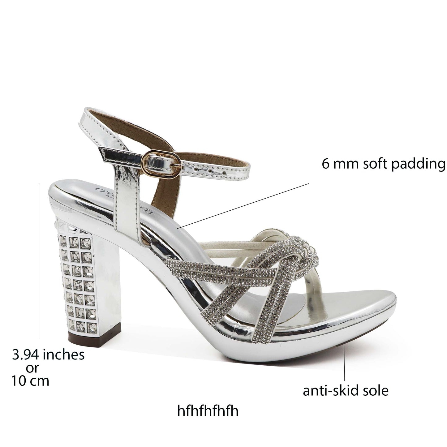 Silver high-heeled shoe with features highlighted 
