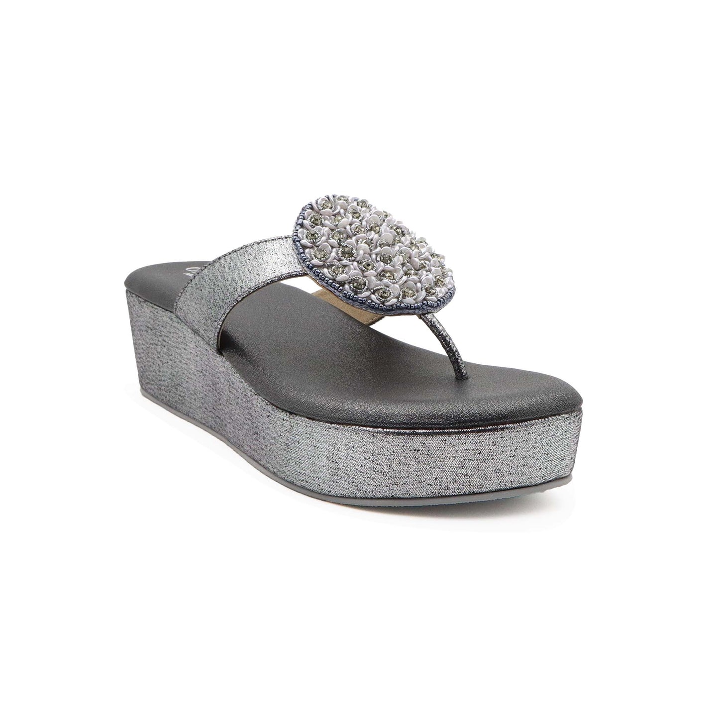 Top view of gray cushioned heel sandals