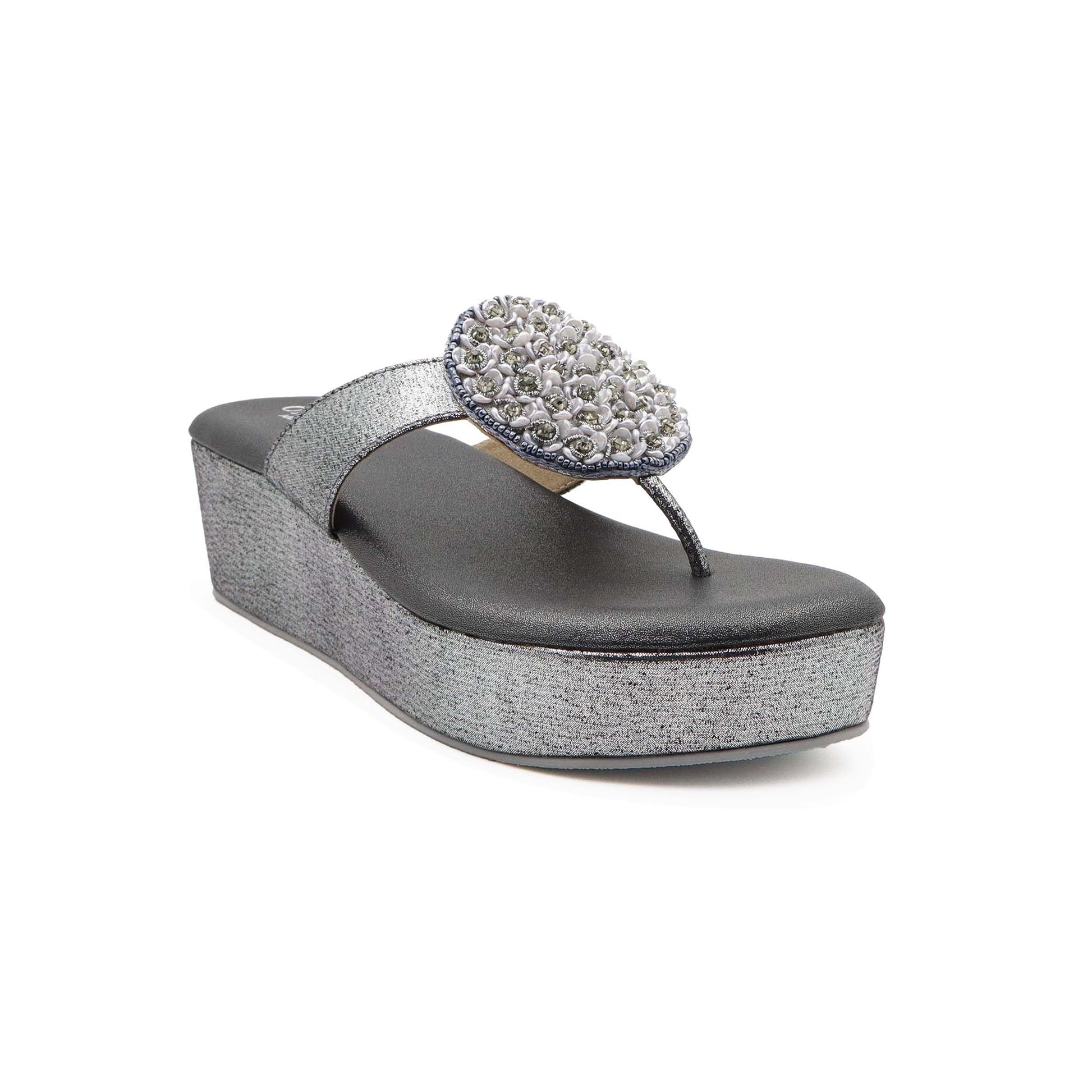 Top view of gray cushioned heel sandals