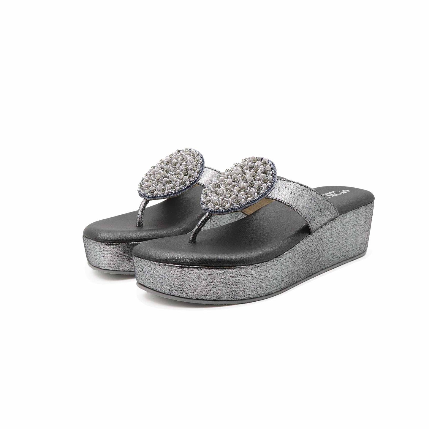 Pair view of gray cushioned heel sandals