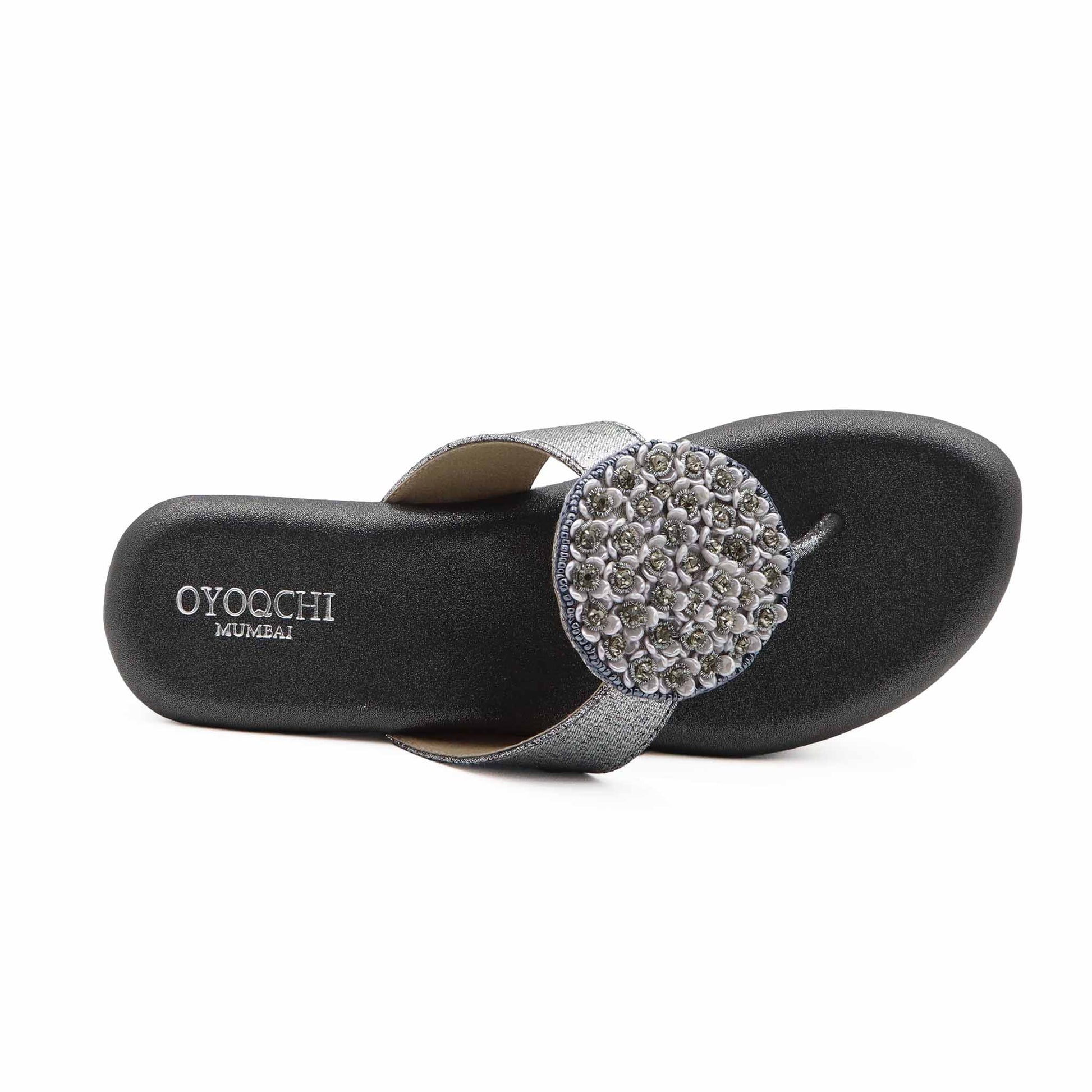 Top view of gray cushioned heel sandals