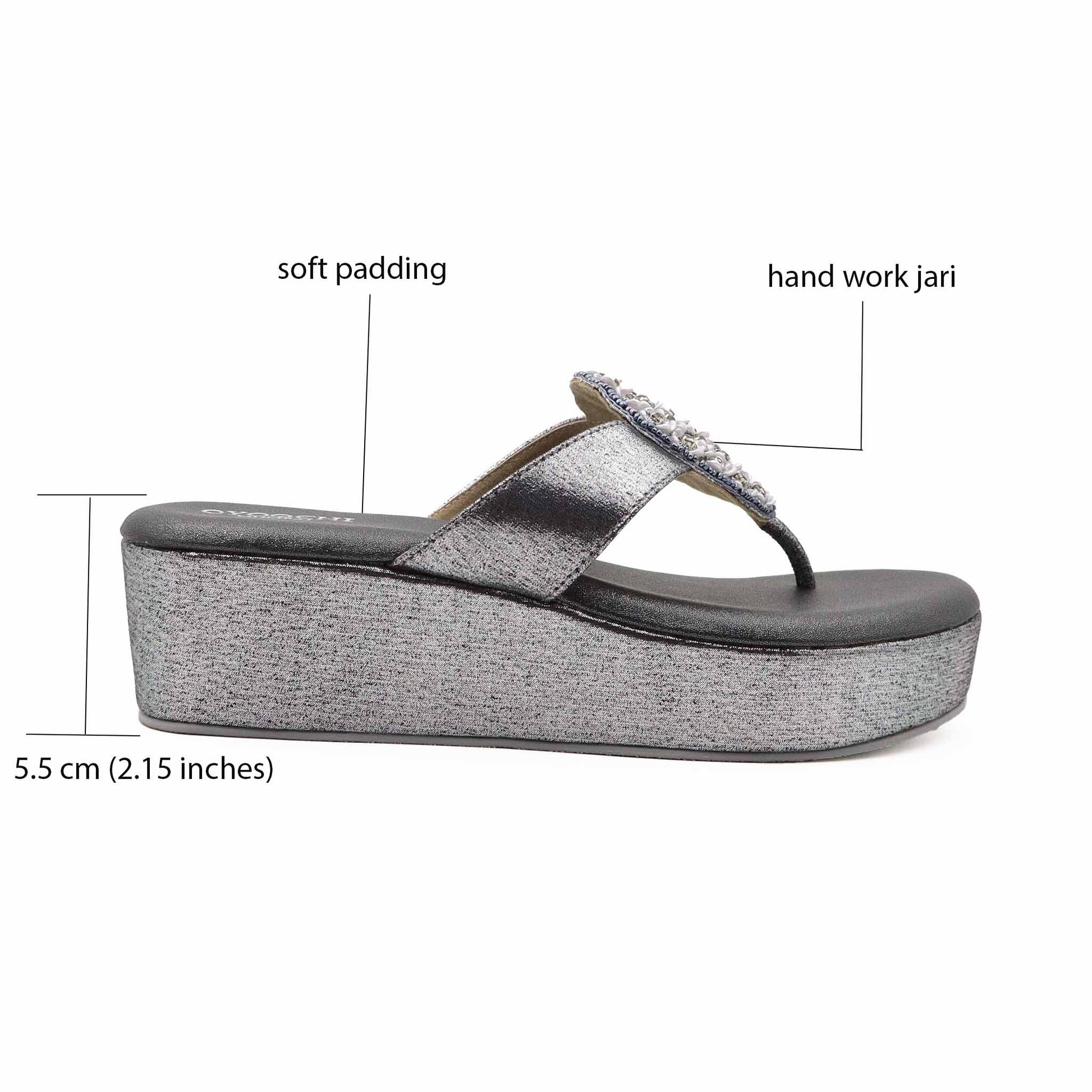 Details view of gray comfort platform heels for women