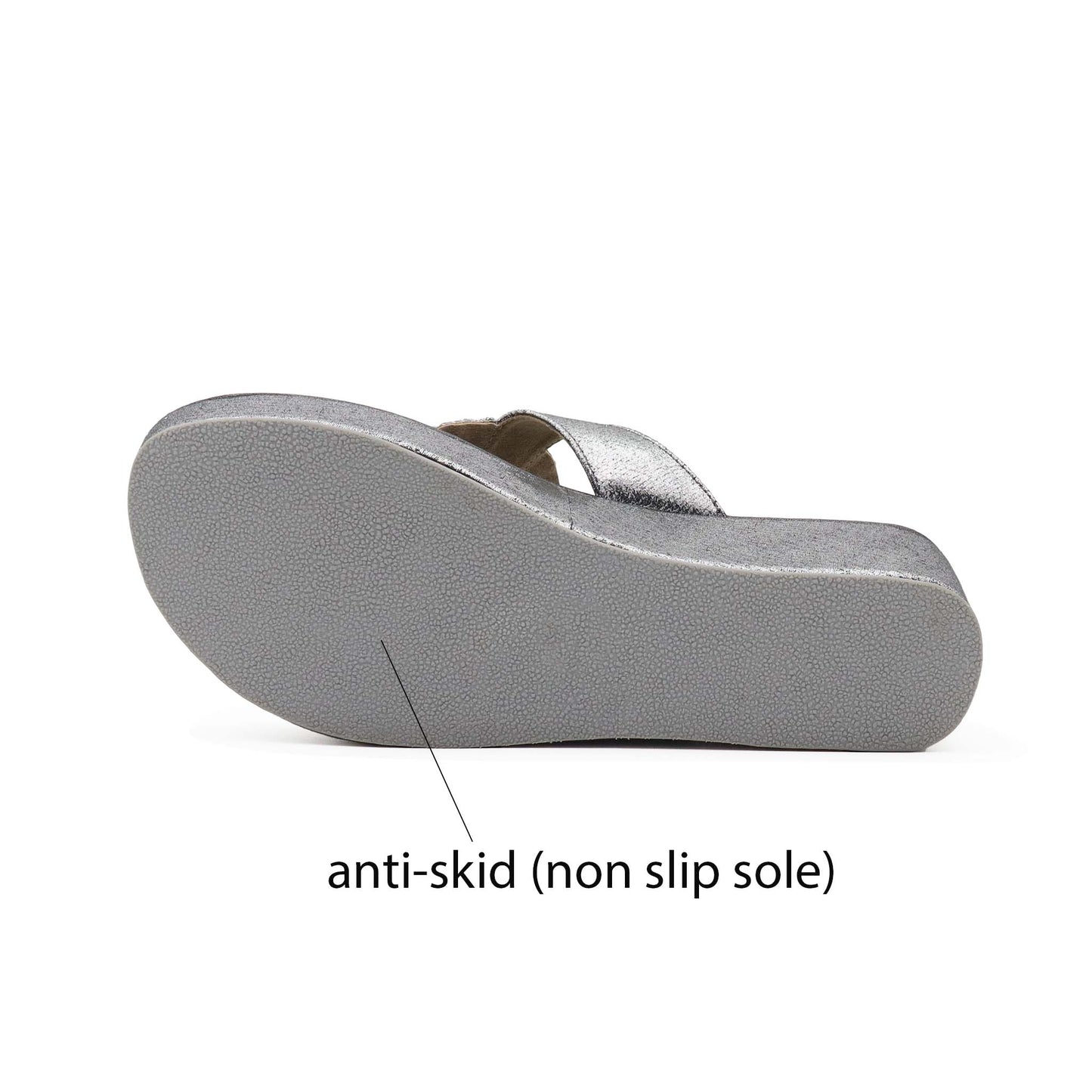 Sole view of gray comfort platform heels for womenle