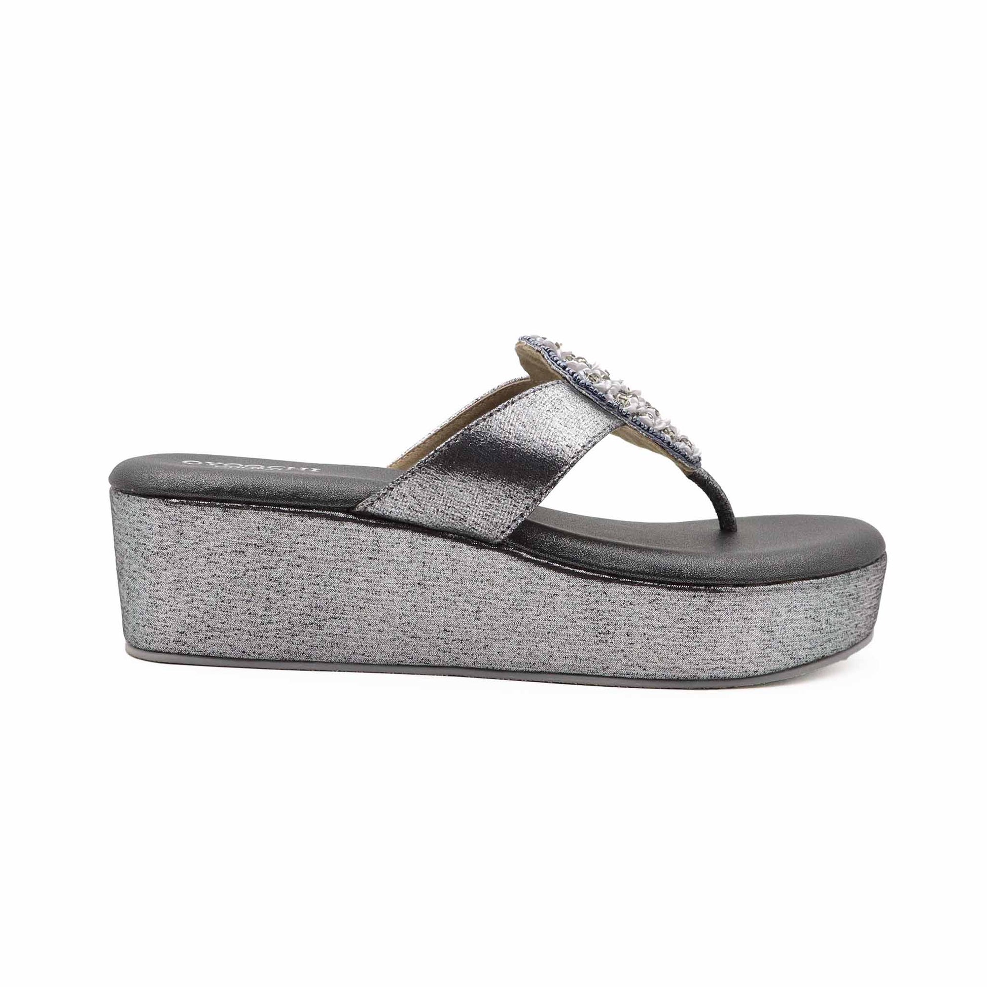 Back view of gray platform heels with stable heel support