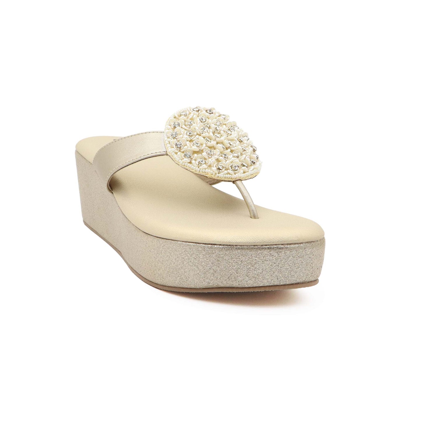 Side view of gold comfort platform heels for women
