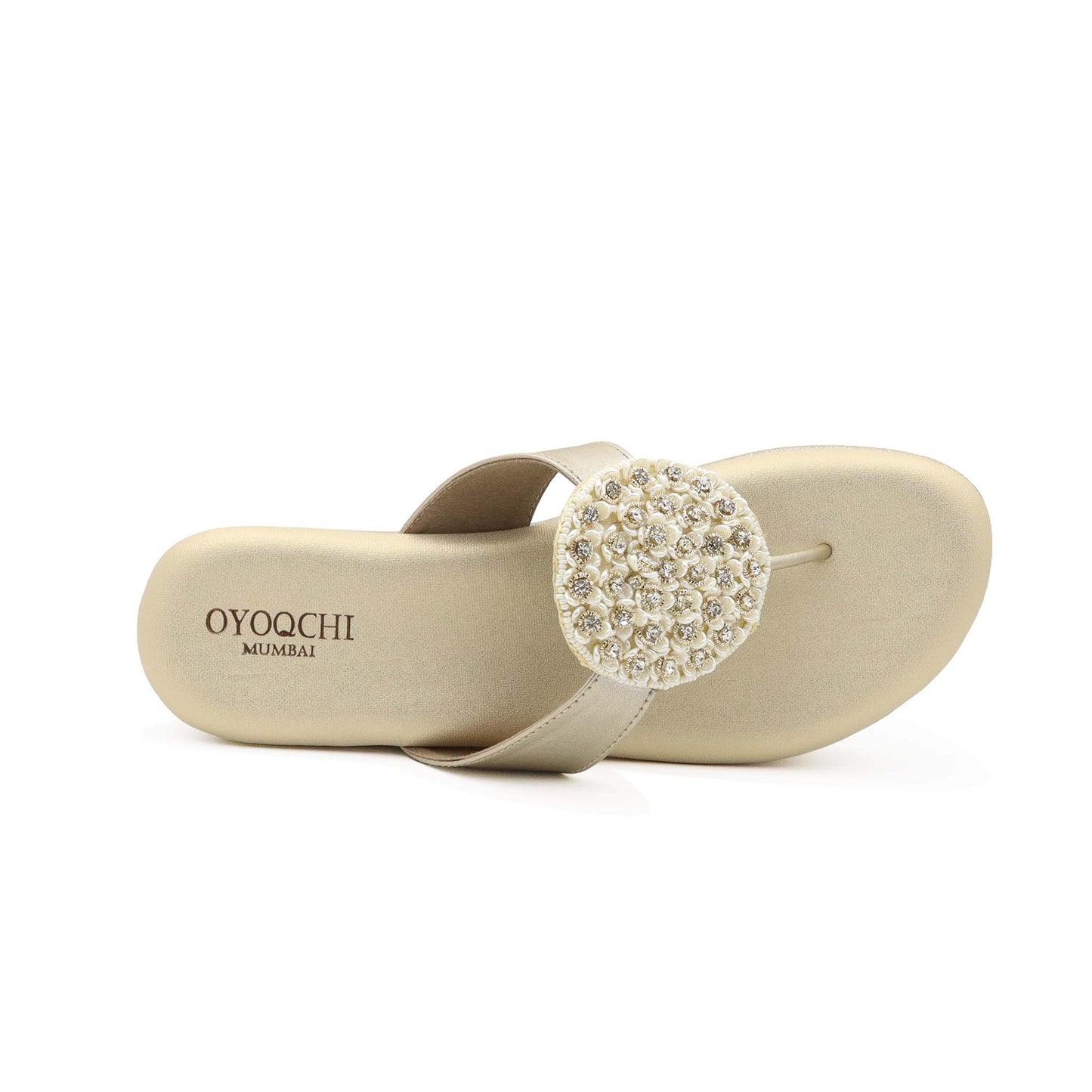 Top view of gold cushioned heel sandals for women