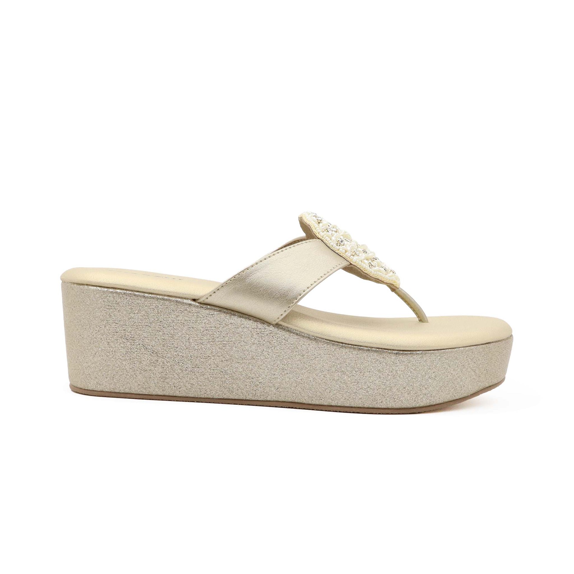 Side view of gold comfort platform heels for women