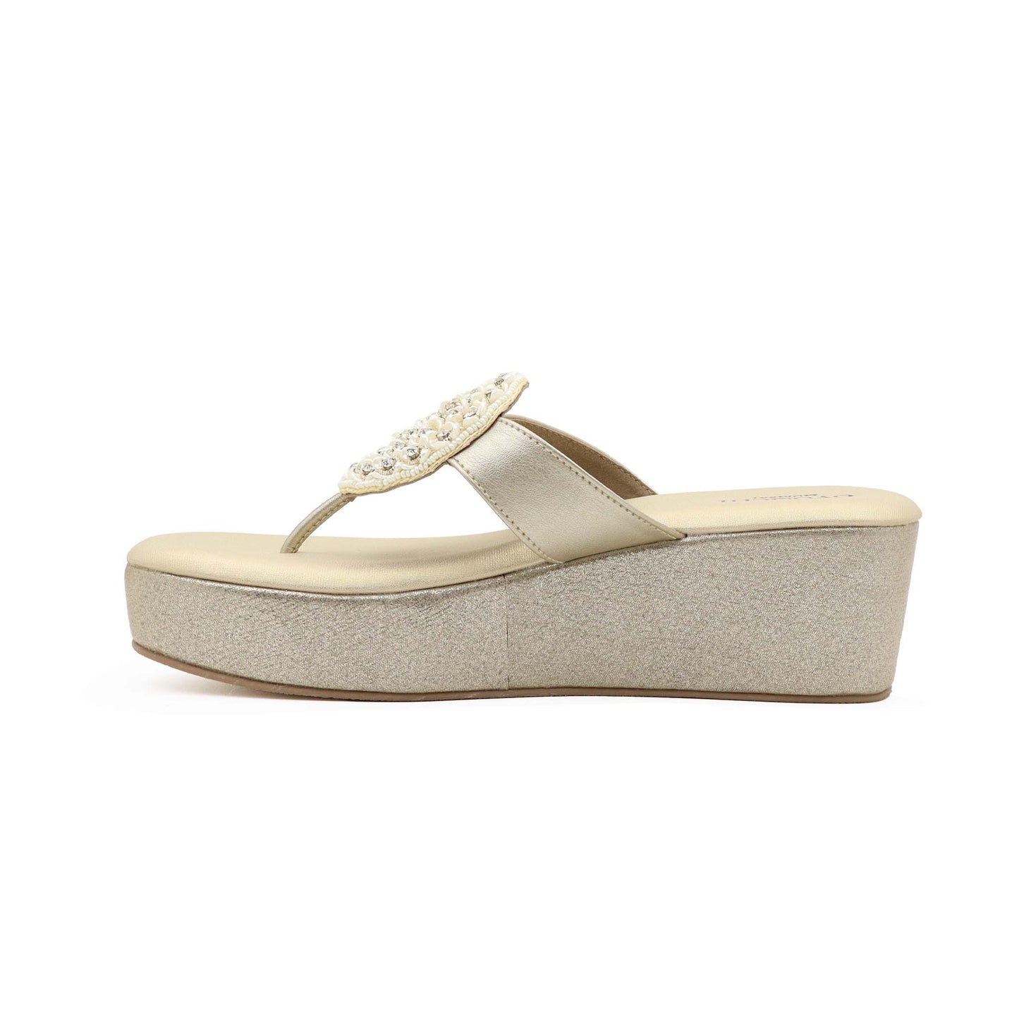 Side view of gold comfort platform heels for women