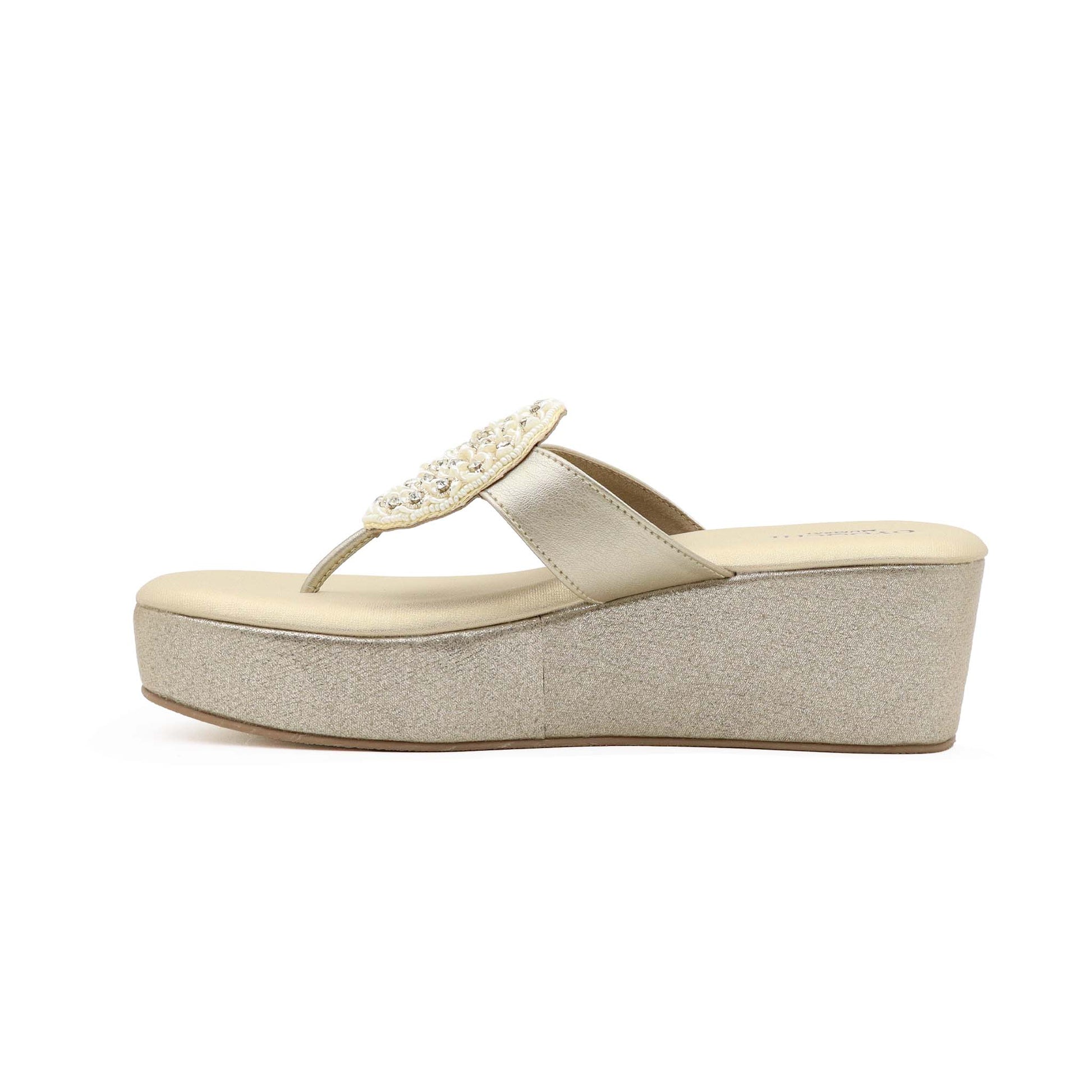 Side view of gold comfort platform heels for women