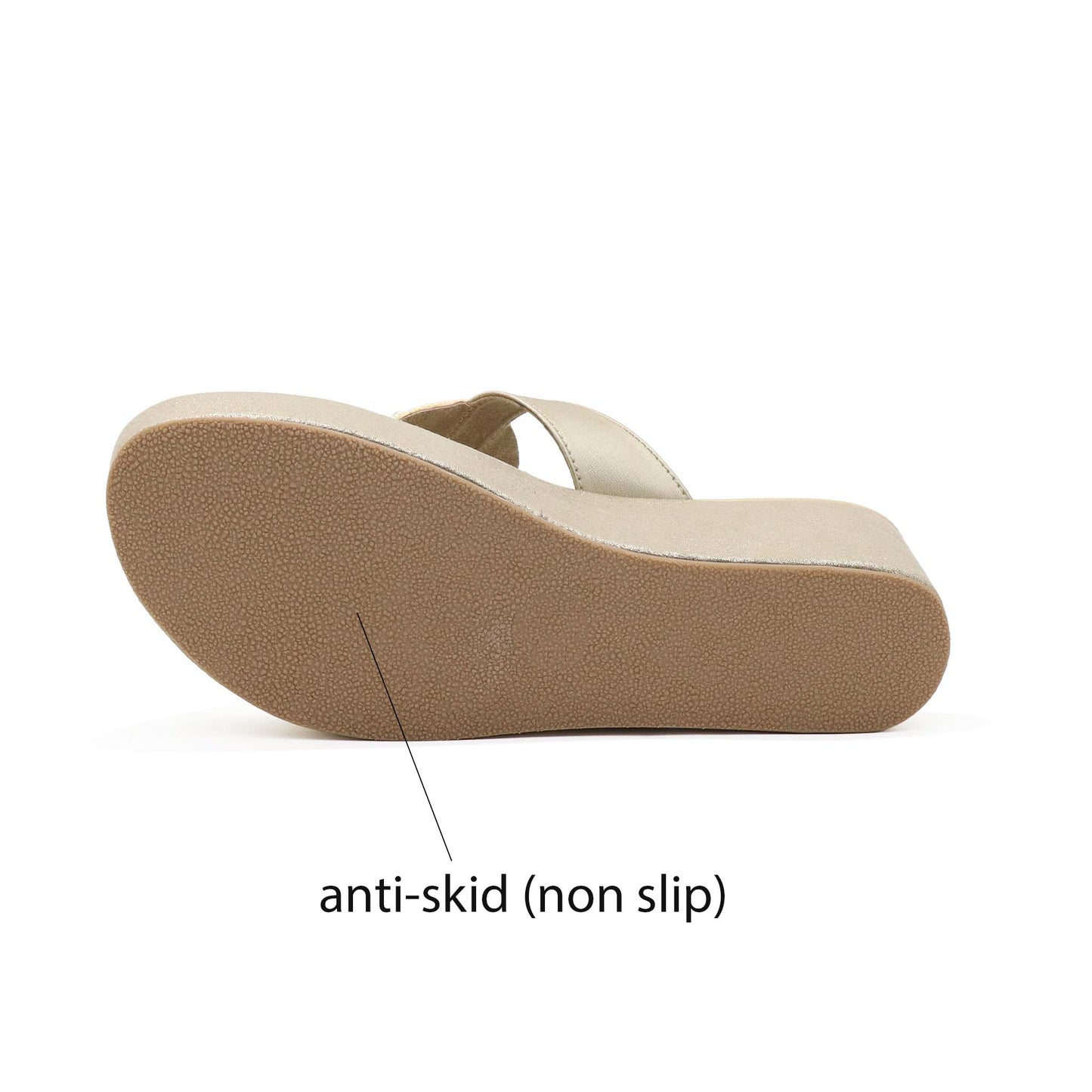 sole view of gold comfort platform heels