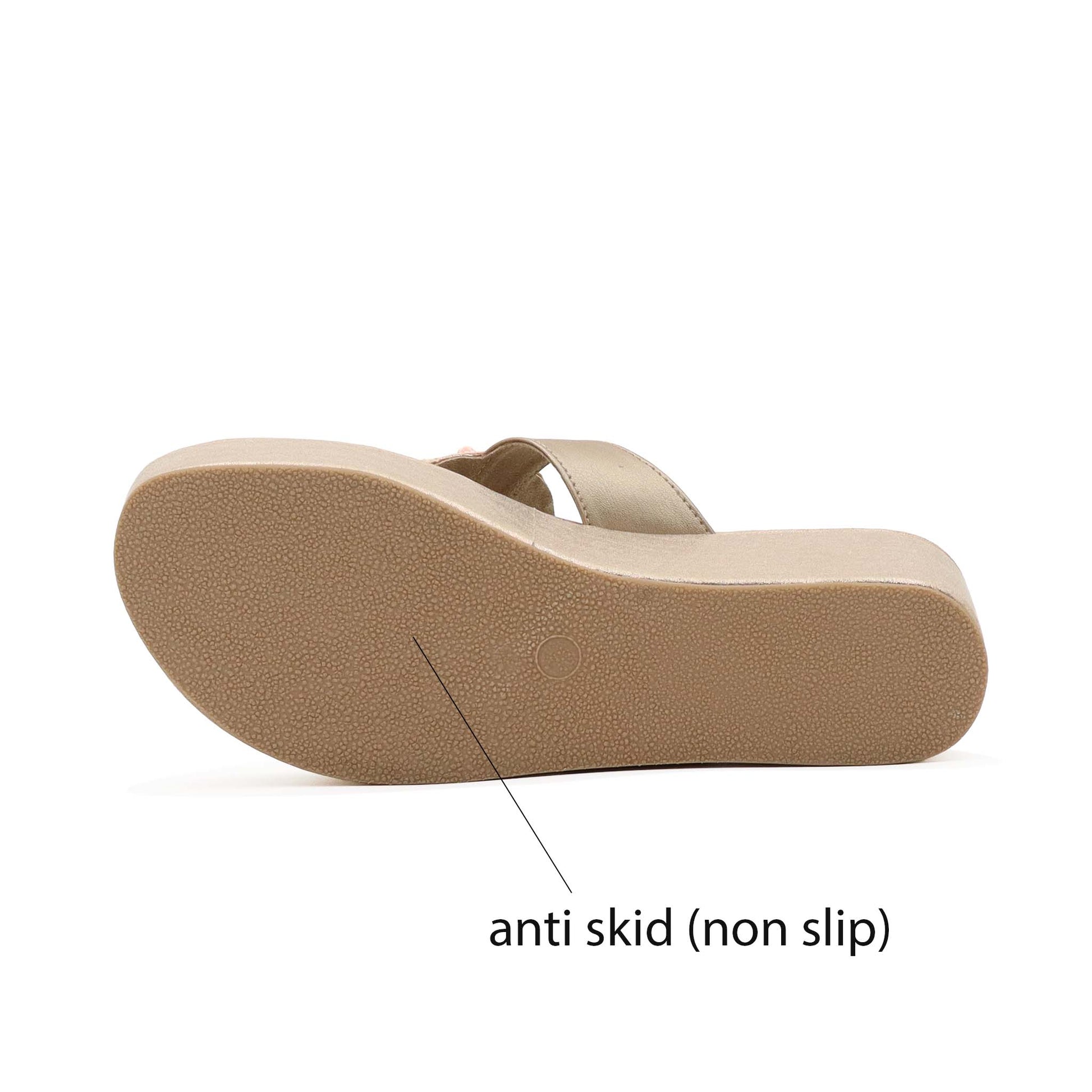 sole view of rose gold cushioned heel sandals for women
