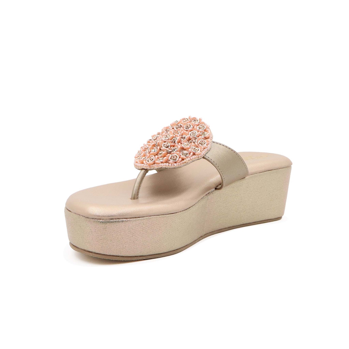 Side view of rose gold comfort platform heels