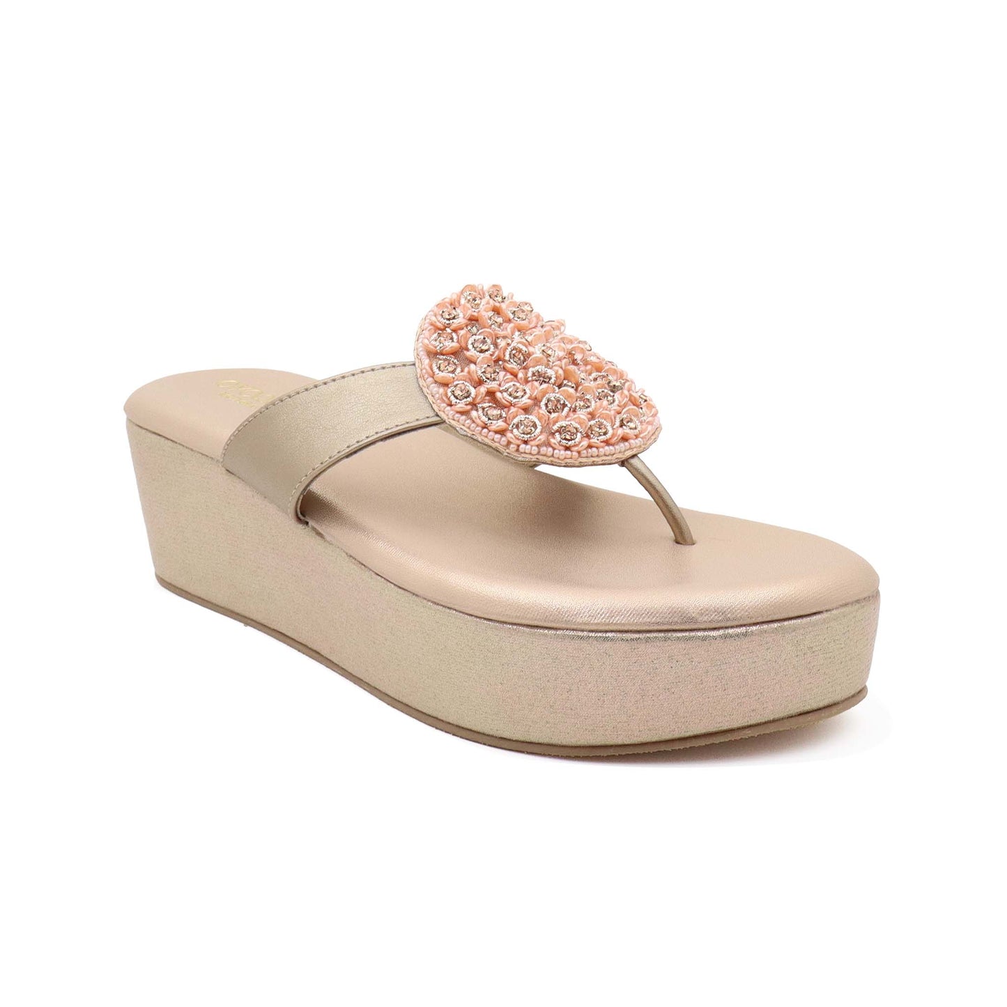 Side view of rose gold comfort platform heels