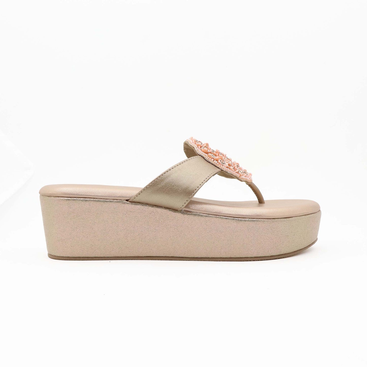 Side view of rose gold comfort platform heels